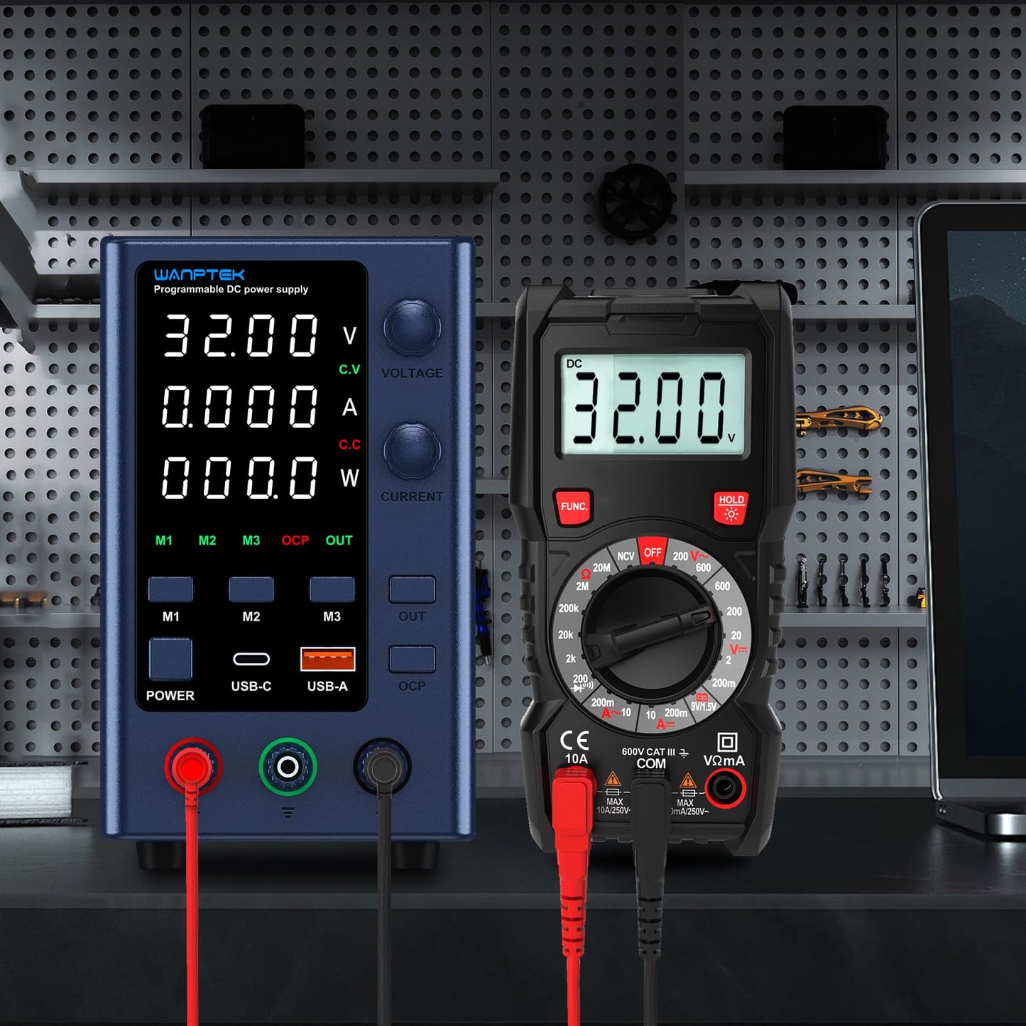 WANPTEK POWER DC Power Supply Variable 0-32V 0-10A Bench Power Supplies Adjustable with Memory Storage/USB-A&Type-C Fast Charge/OCP&Output Function /4-Digit LED Display/