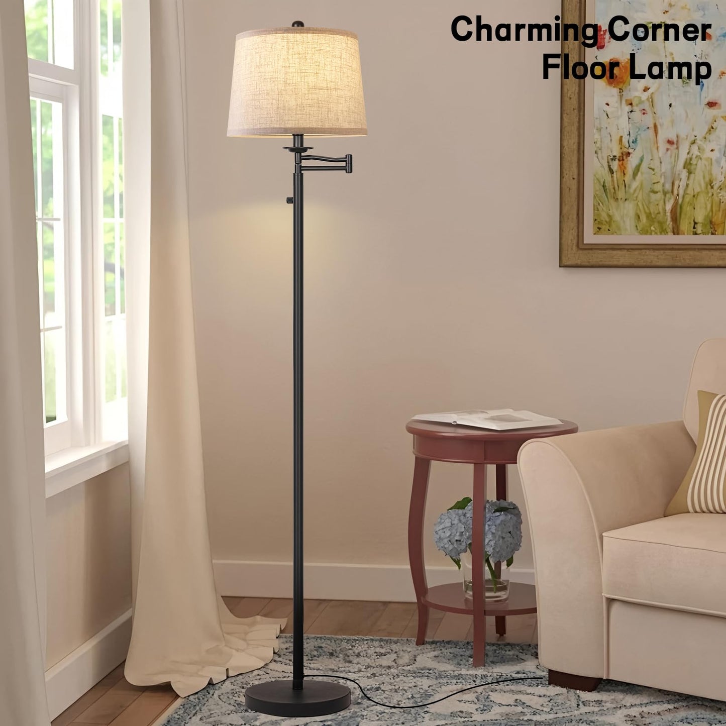 Ruiever Dimmer LED Floor Lamp,Tall Standing Lamp with Swing Arm,Black Lamp with Dimmer LED Bulb,Elegant Floor Lamp for Living Rooms & Bedroom (Black)