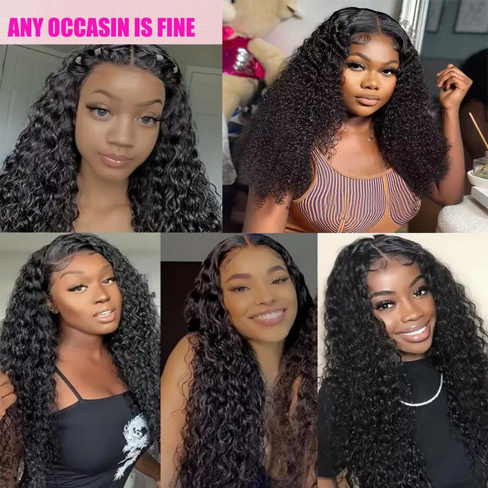 LYILYI 200 density 13x6 Water Wave Lace Front Wigs Human Hair Pre Plucked Glueless Wigs Human Hair Deep Cury HD Transparent 13x6 Full Lace Frontal Wigs Brazilian Virgin Hair Wigs Natural Black 28inch