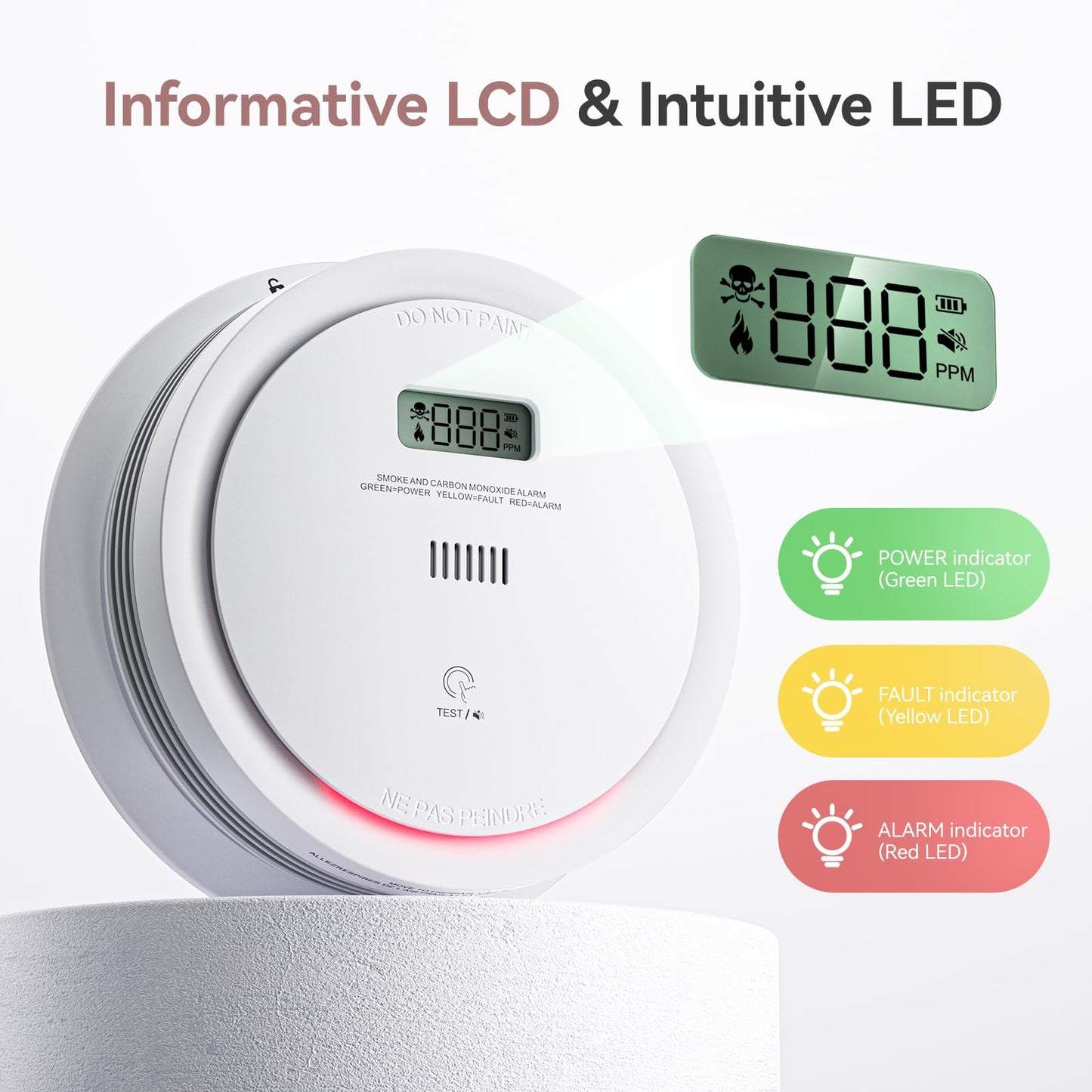 5 Packs Wi-Fi Smoke Detector Carbon Monoxide Detector Combo with App Notifications, Smart Smoke and Carbon Monoxide Detector with LCD Display & Replaceable Battery, Compatible with Tuya Smart