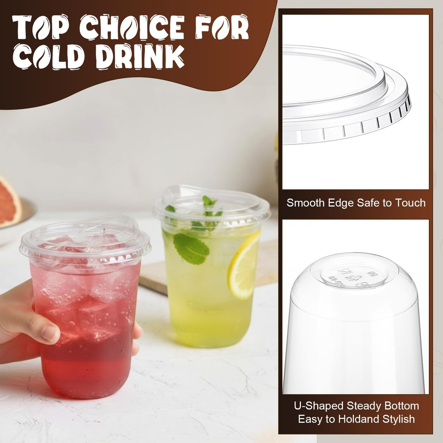 LemonRoad 200 Sets 16 oz Round Bottom Clear Plastic Cups with Sip Lid Disposable Plastic Iced Coffee Cup with Strawless Lid for Smoothie, Juice, Cold Beverage, Party Catering, Drink Shop