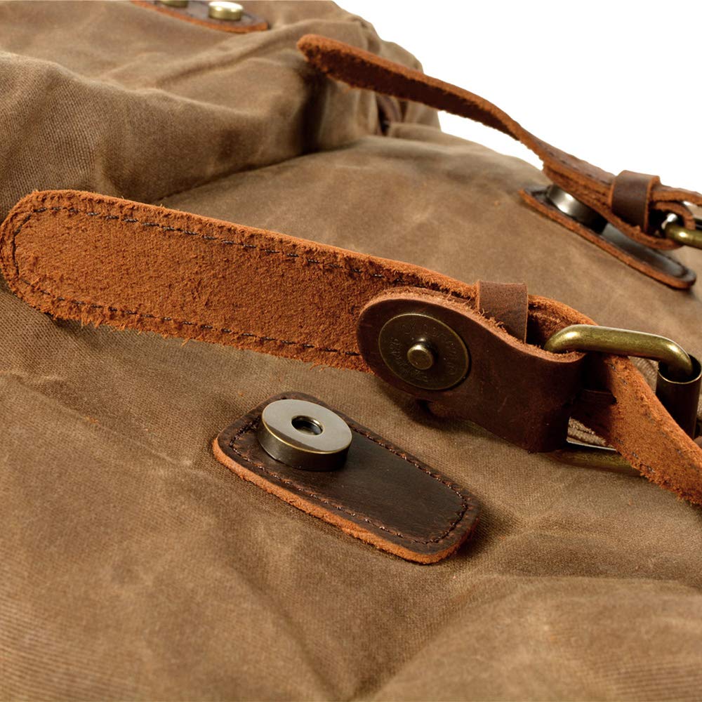 WUDON Leather Backpack for Men, Waxed Canvas Shoulder Rucksack Carry-On Travel Backpack (Khaki)