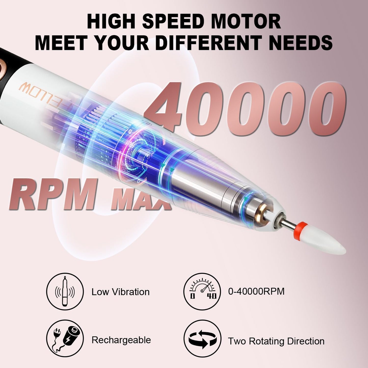 YOKE FELLOW Electric Nail Drill - 40000 RPM Protable Electric Nail File for Acrylic Cordless Nail Drill Professional with 17 Drill Bits for Nail Salon