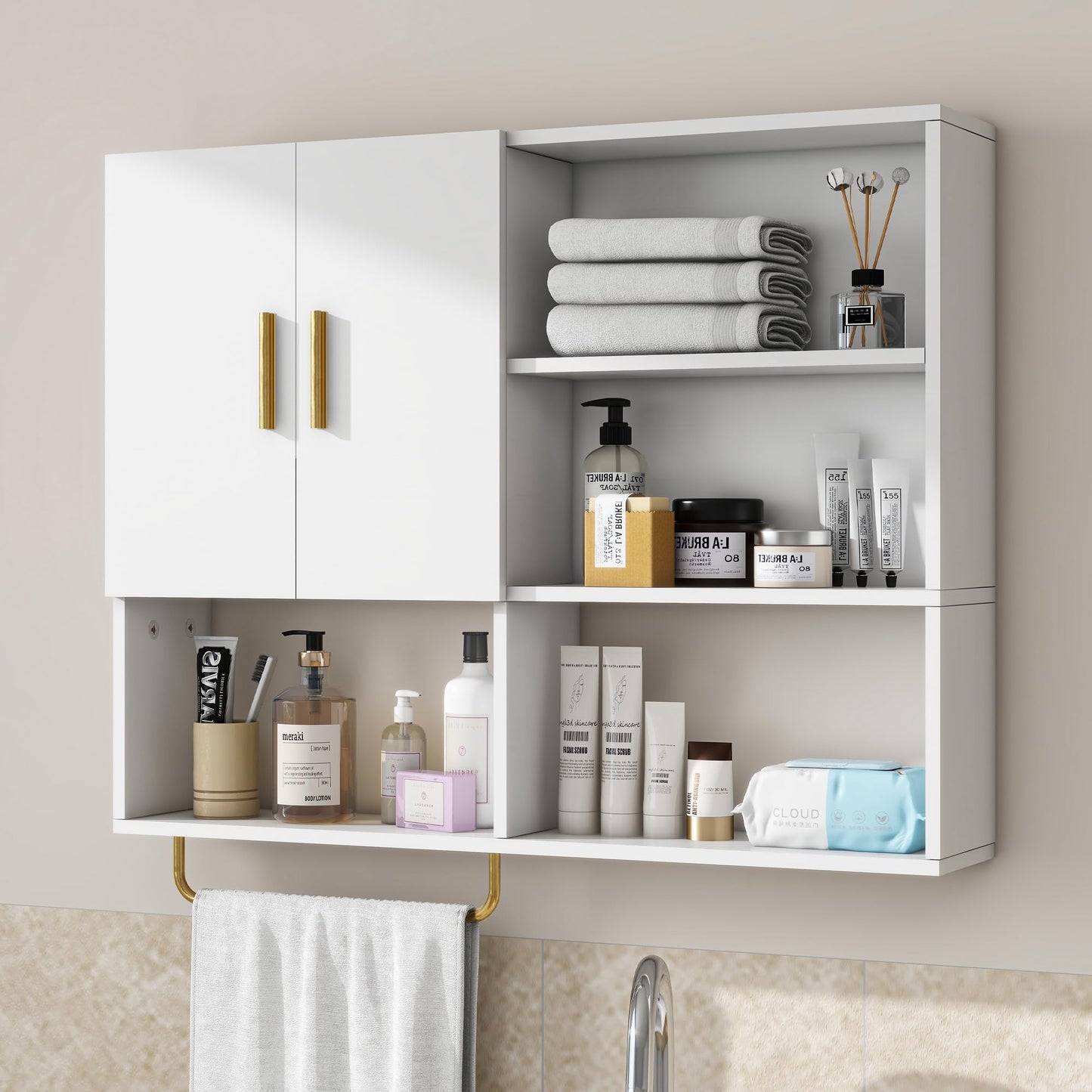 Tltaroni Bathroom Wall Cabinet Wood Large Wall Mounted Medicine Cabinet with 2 Doors and 4 Open Shelves Over Toilet Storage Cabinet Organizer with Towel Bar,White