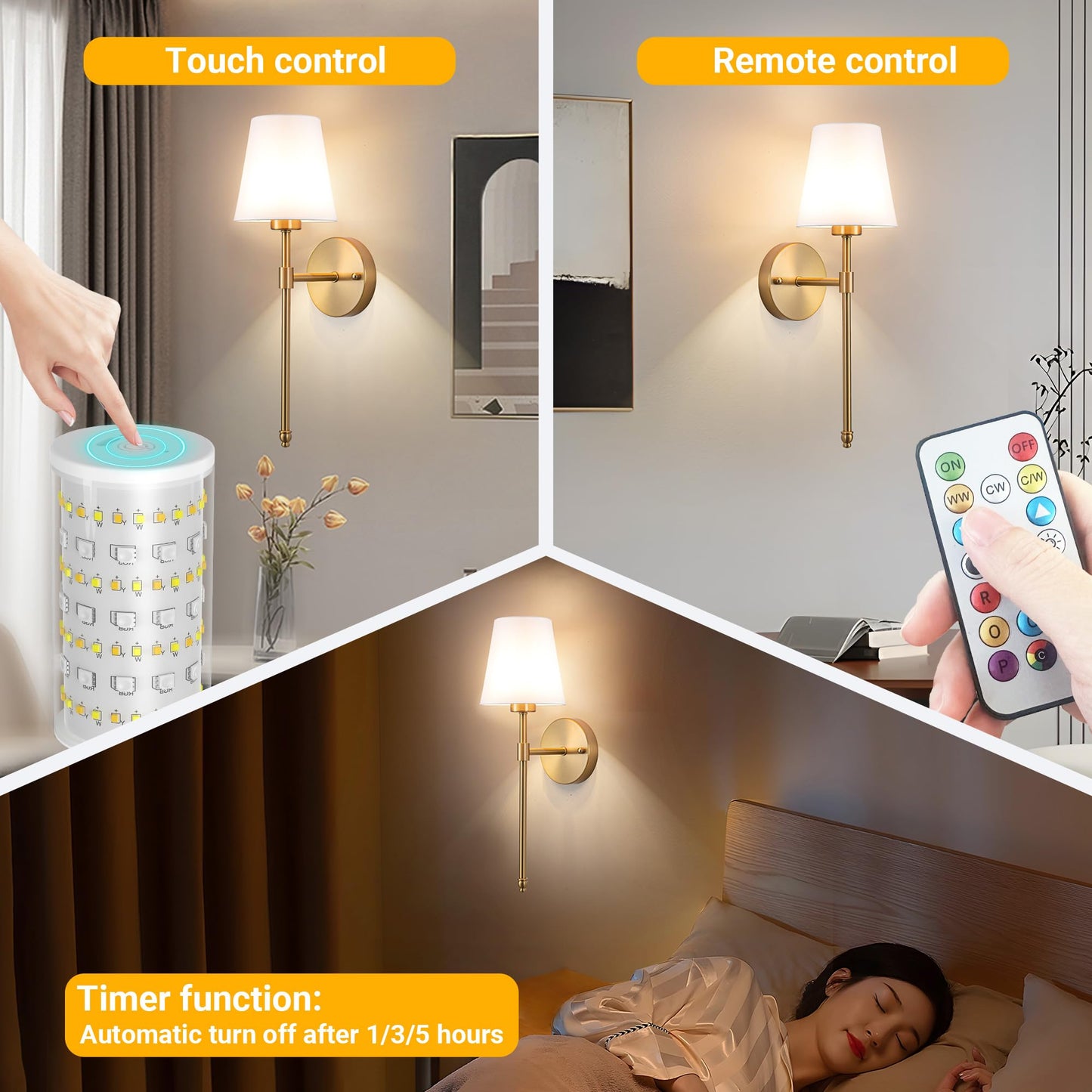 Vimhou Peel and Stick Wall Sconces, Stick On Wall Sconce Set of 2, Battery Operated Wireless Wall Light, No Drill Adhesive Wall Lamp, Corn Bulb with 10000mAh Rechargeable Battery, Bedroom Wall Decor