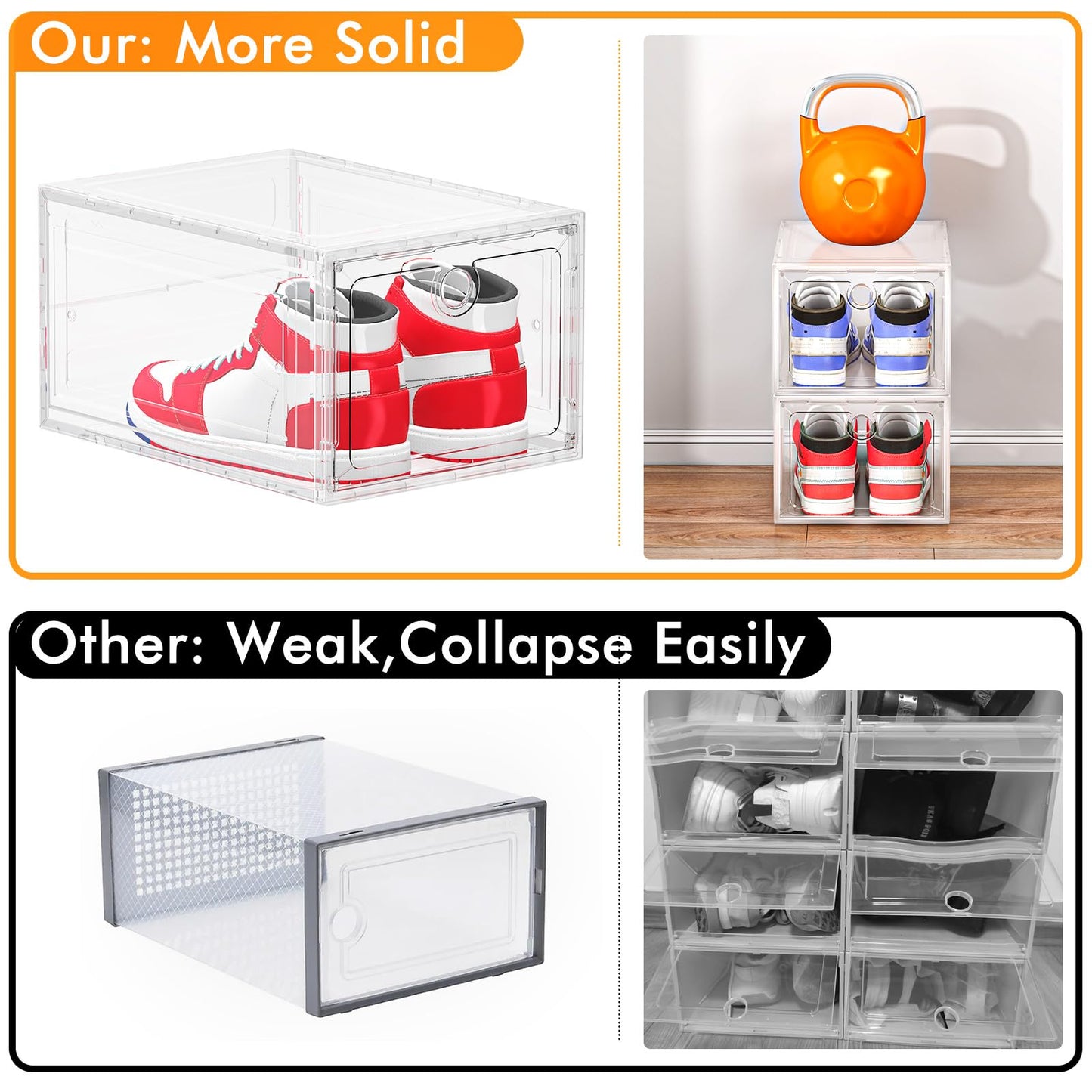 ARSTPEOE 6 Pack Upgrade Harder Shoe Organizer, Shoe Storage with Magnetic Front Door, Clear Shoe Boxes Foldable Space-Saving Shoe Rack for Sneaker Boot Container, White