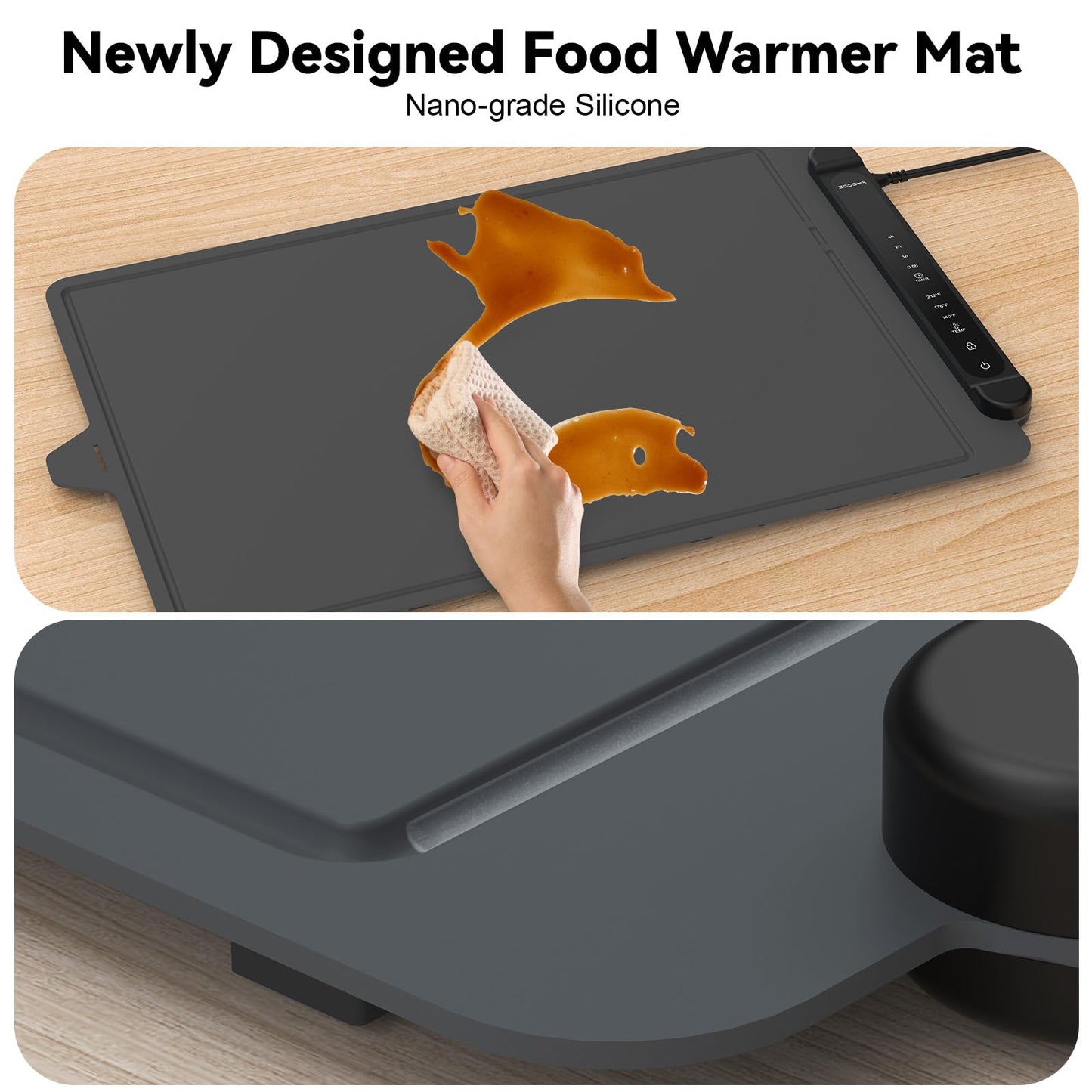 Food Warming Mat Electric Tray: Adjustable Silicone Heating Pad with 3 Temperature Settings 4 Timer Function Portable Roll Up Hot Plate for Buffets Party Gatherings Kitchen Countertop Black Gray