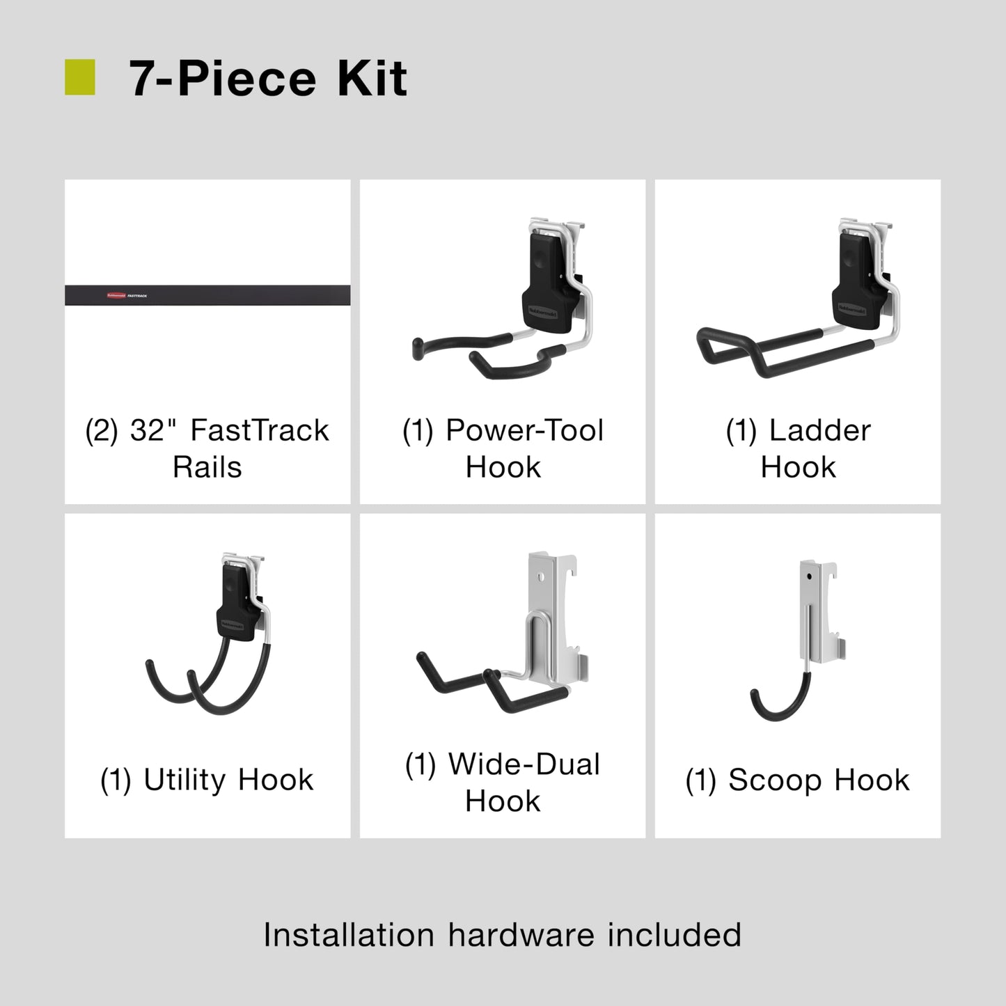 Rubbermaid Fasttrack Garage Storage Utility Hooks 7 Piece Black All in One Rail Hook Kit and Tool Organizer Heavy Duty for Home/Garage/Shed/Garden