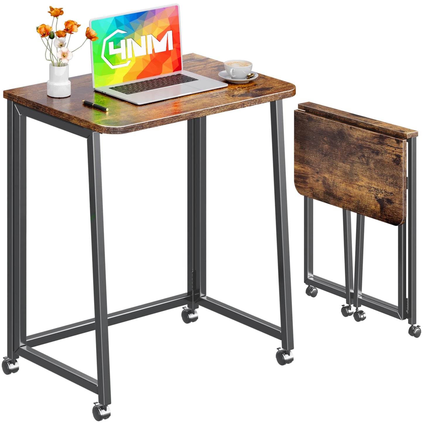 4NM 23.6" Mobile Small Folding Desk, Foldable Rolling Computer Home Office Desk, Study Writing Table for Small Space Saving Bedroom, with Wheels - Rustic Brown and Black