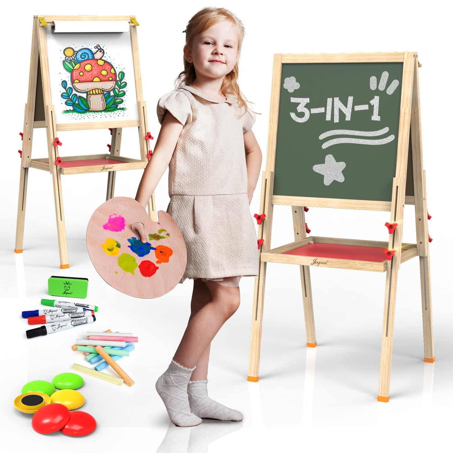 JOYOOSS Easel for Kids Art Easel Kids Easels for Toddlers Easel, Toddler Art Easel Dual-Sided Adjustable Wooden Magnetic Board for Kids Easel for Toddlers 3-4 Years and Art Easel for Kids Ages 4-8