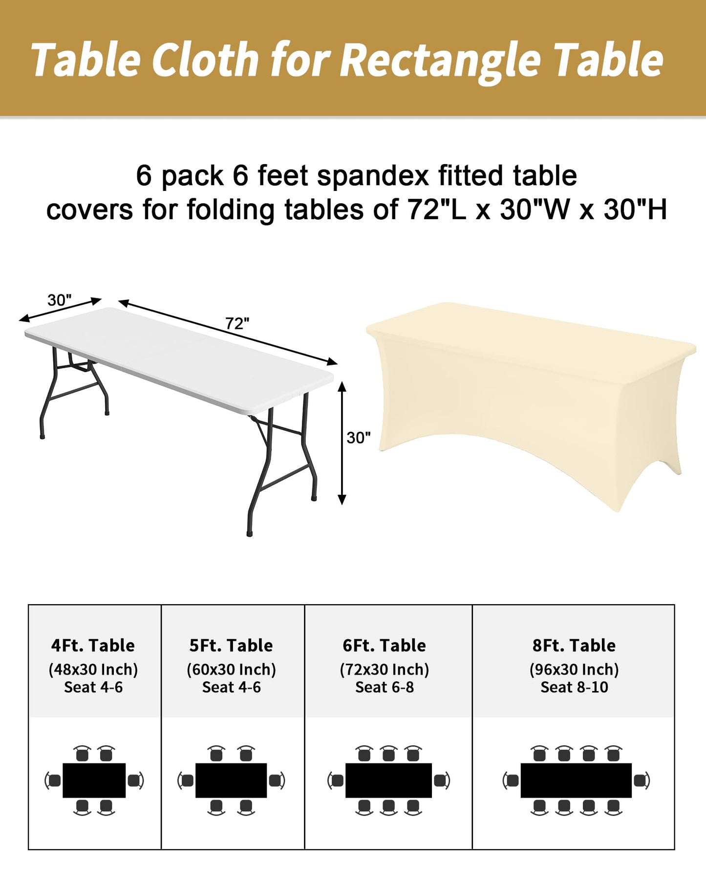 Fixwal 6 Pack 6Ft Ivory Table Cover, Spandex Fitted Tablecloths Rectangle, Wrinkle-Free and Stretch Folding Table Cloth for Banquet, Wedding, Party, Trade Show