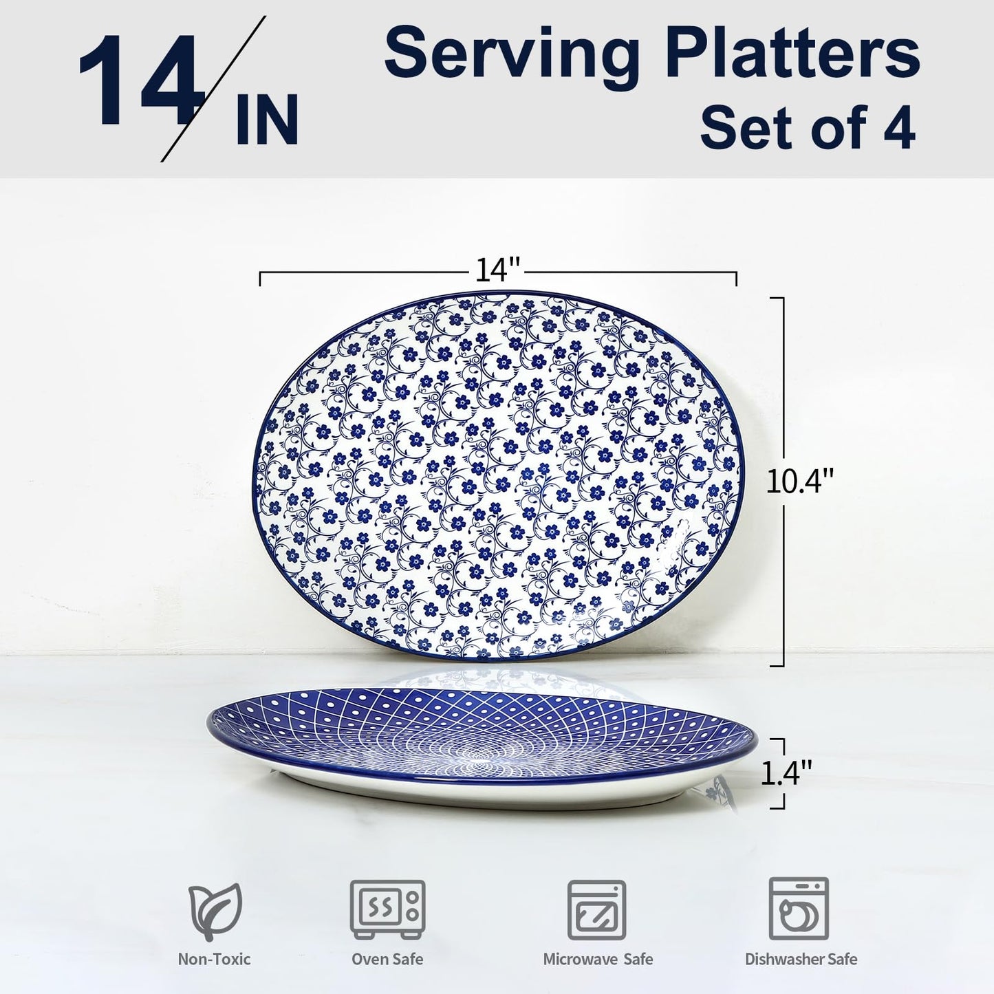 Selamica Serving Platter, 14 Inch Large Serving Dishes for Entertaining, Oval Ceramic Serving Trays for Party, Steak, Cake, Dinner, Fruit, Oven Safe, Microwave Safe, Set of 4, Vintage Blue