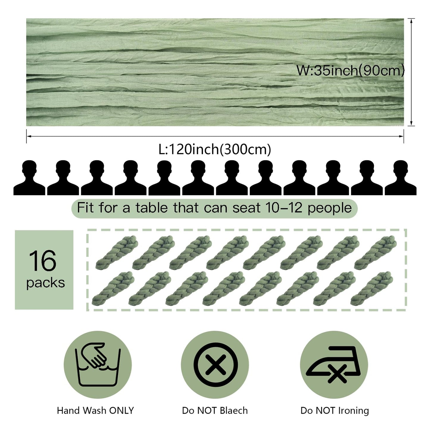 16 Pack Sage Green Cheesecloth Table Runner 10FT Boho Gauze Cheese Cloth Table Runner Long Rustic Sheer Table Runners for Wedding Bridal Baby Shower Birthday Party Table Decorations