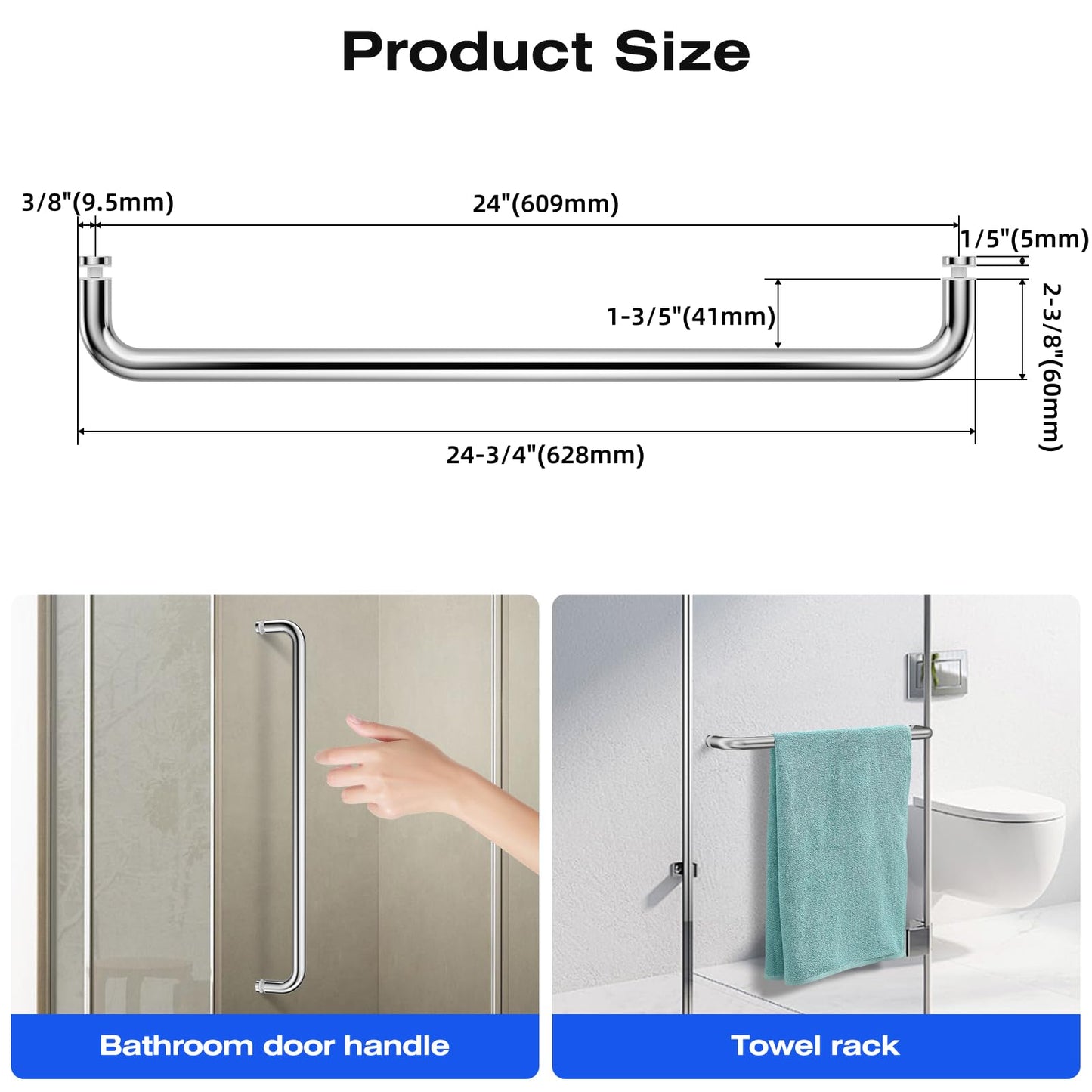 Ranbo Glass Shower Door Towel Bar 24 Inch Stainless Steel Sliding Shower Door Handle Replacement with Polished Chrome Finish for Commercial and Residential Glass Doors