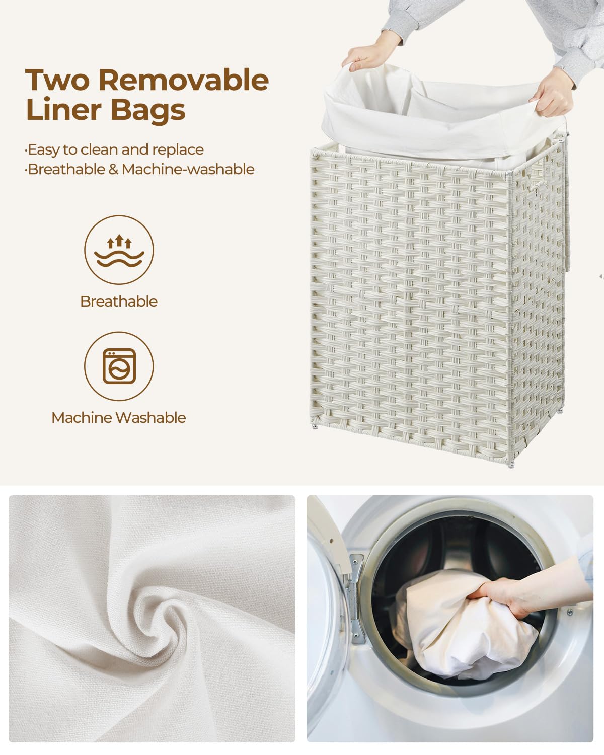 Greenstell Laundry Hamper with Lid, 90L Clothes Hamper with 2 Removable Liner Bags & 2 Mesh Laundry Bags, Handwoven Synthetic Rattan Laundry Basket for Clothes, Toys in Bathroom, Bedroom White