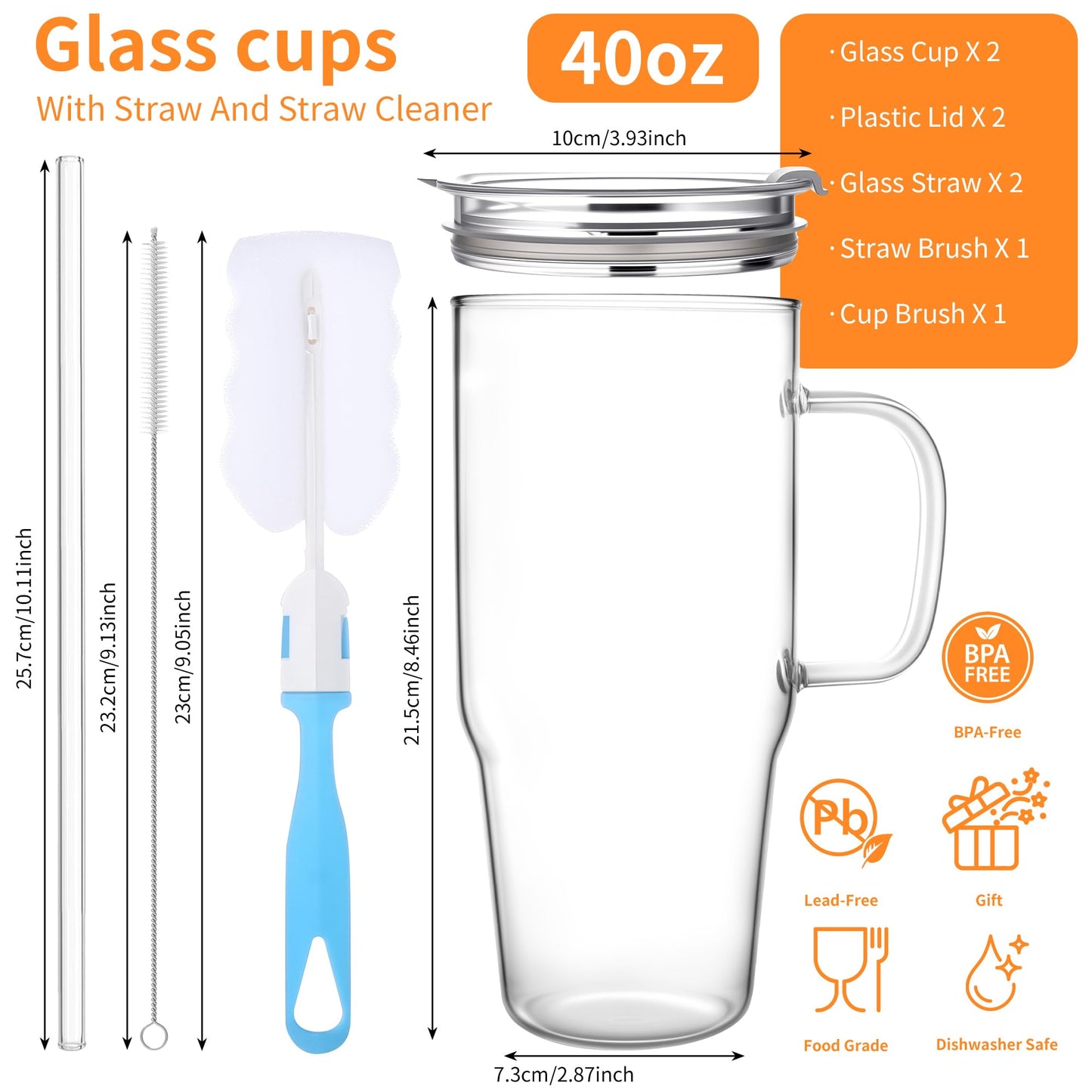 2Pack 40OZ Glass Tumbler with Handle,Glass Cup with Lid and Straw,Reusable Glass Iced Coffee Cup for Beer, Smoothies, Juice,Hot/Cold Drinks-Suitable for Birthday,Wedding