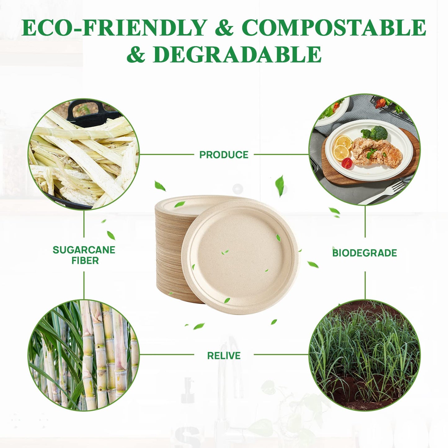 Vplus 500 Pack Paper Plates 9 inch 100% Compostable, Heavy-Duty Disposable Paper Plates Bagasse Natural Biodegradable Eco-Friendly Sugarcane（Nature）