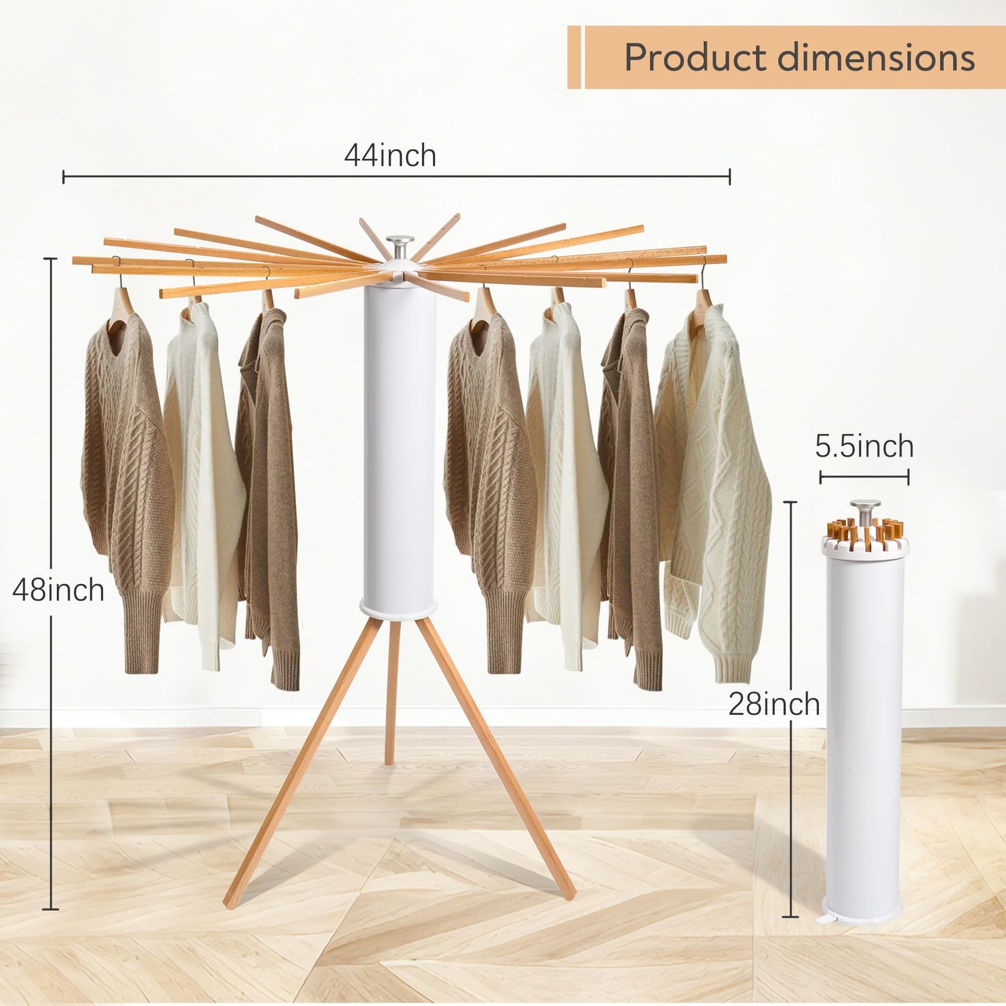 ZOFGENOW Clothes Drying Rack, Foldable Wooden Tripod Drying Rack Clothing for Small Apartments Balcony Bedroom, Portable Space Saving Laundry Rack, Floor Standing with 16 Poles for Indoor Air Drying