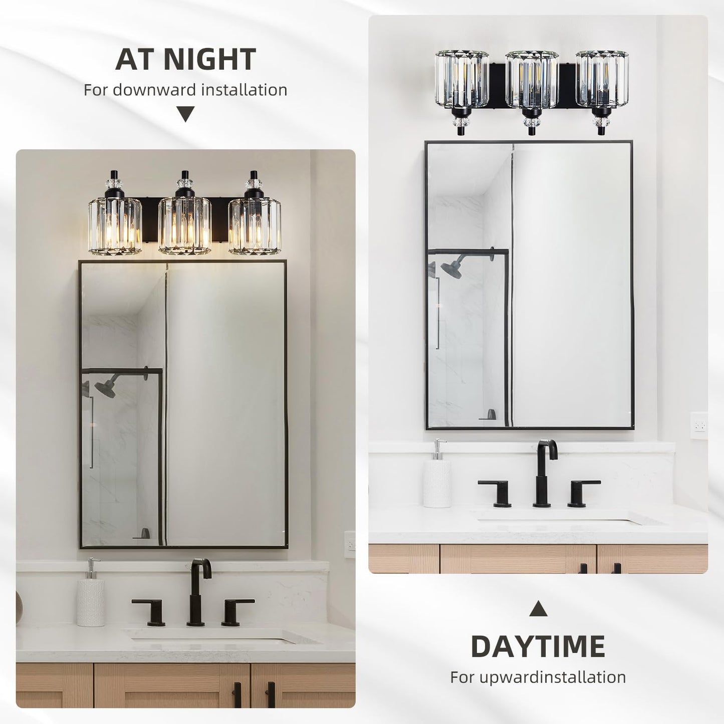 Zqoyn 3-Light Black Bathroom Light Fixtures Over Mirror Modern Vanity Lights Crystal Wall Sconce Vintage Bathroom Lighting with Crystal Shade E26 Base for Bedroom, Living Room, Hallway