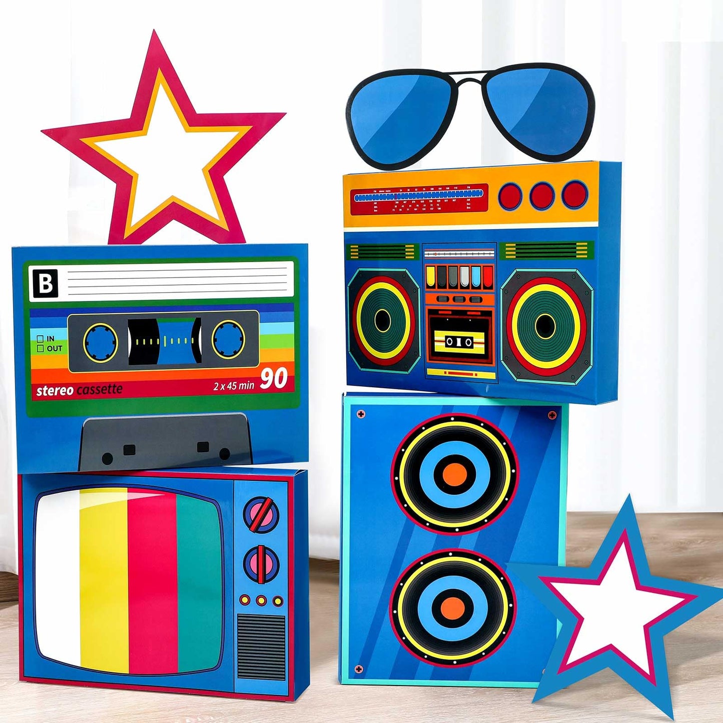 Weekgrat 7 pcs Large 80s 90s Party Decorations 3D Hip Hop Favor Set Paper Boombox Cassette Boxes for Retro Back to 1980s 1990s Theme Birthdays Music Neon Decoration