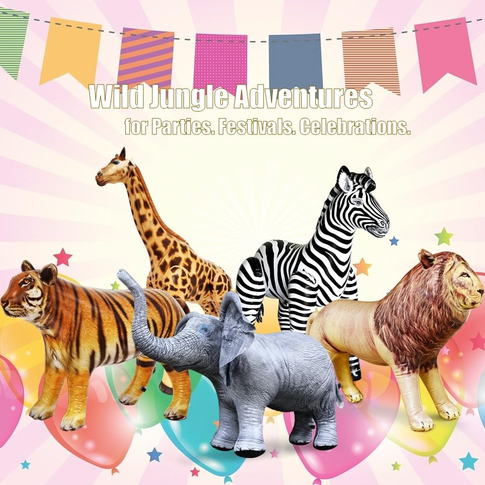 Jet Creations Life on Earth Wildlife Safari Inflatable, 5-PK, Giraffe(36"), Zebra(32"), Elephant(19"), Lion(24"), Tiger(20"), Realistic Animals for Party Decoration, Pool, Birthday, Jungle Photo Prop