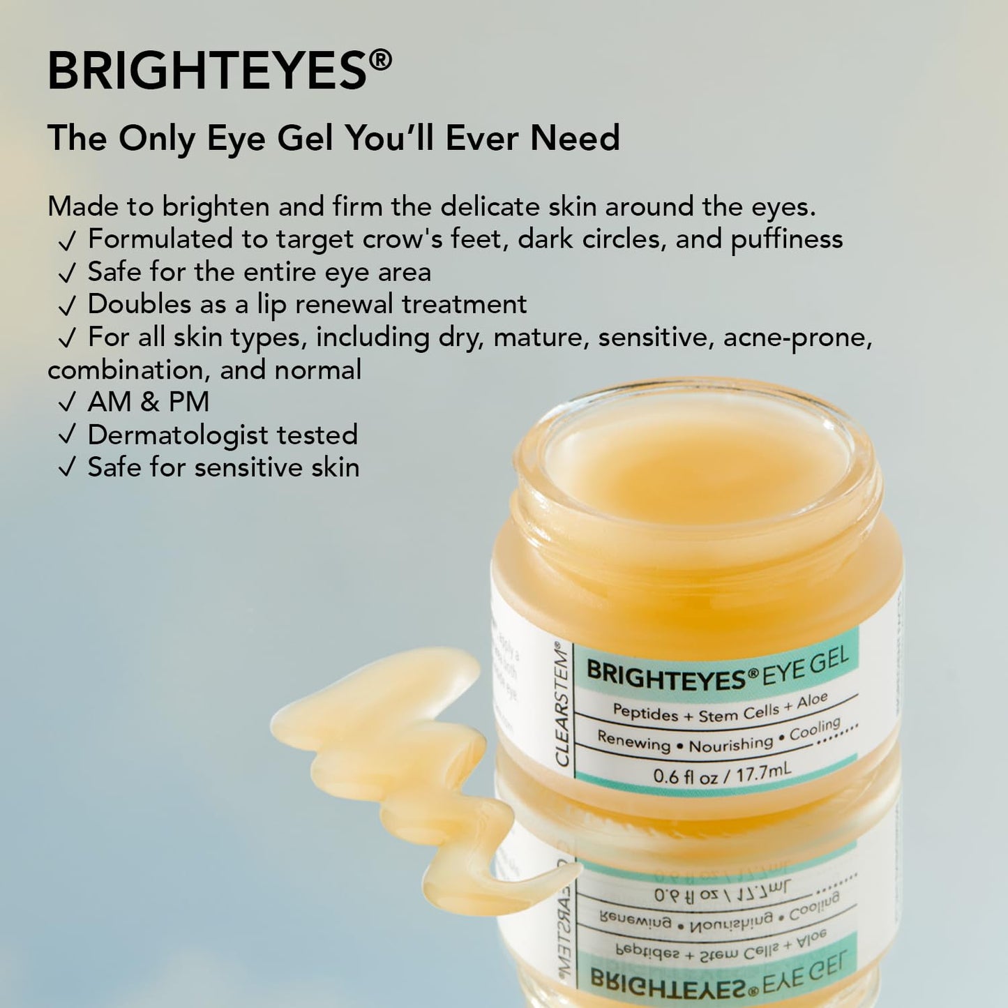 CLEARSTEM - BRIGHTEYES - Nourishing Eye Gel - For Puffy Eyes, Crow's Feet, & Dark Circles - Made with Collagen, Stem Cells, Peptides & Aloe Vera - Vegan - Gluten Free - Men & Women - 0.6 oz