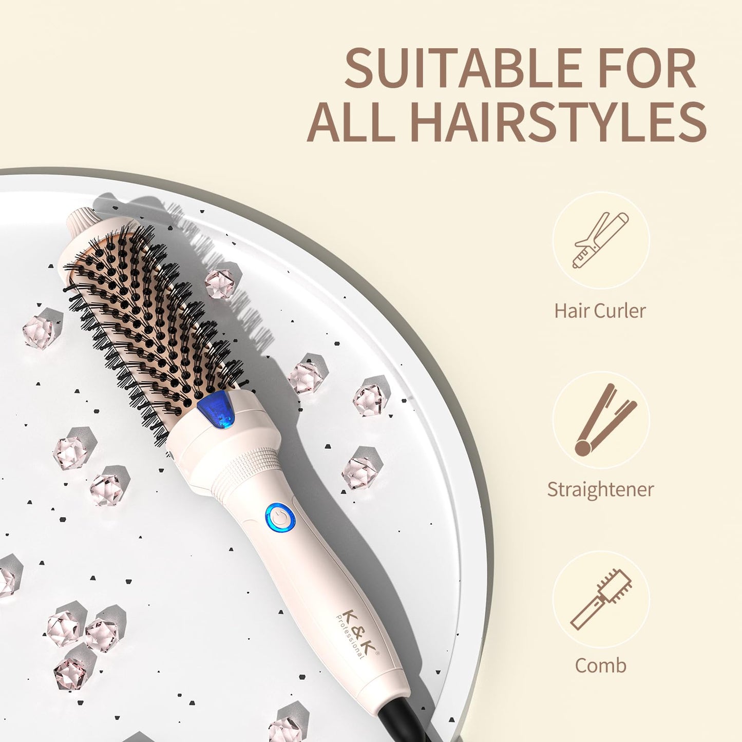 K&K 1.5 inch Volumizing Brush Heated Curling Ceramic Tourmaline Ionic Curling Iron Quick Heating Makes Hair Silky Smooth Dual Voltage Travel-Friendly Straightening Round Design (Pale Pink, 1.5 Inch)