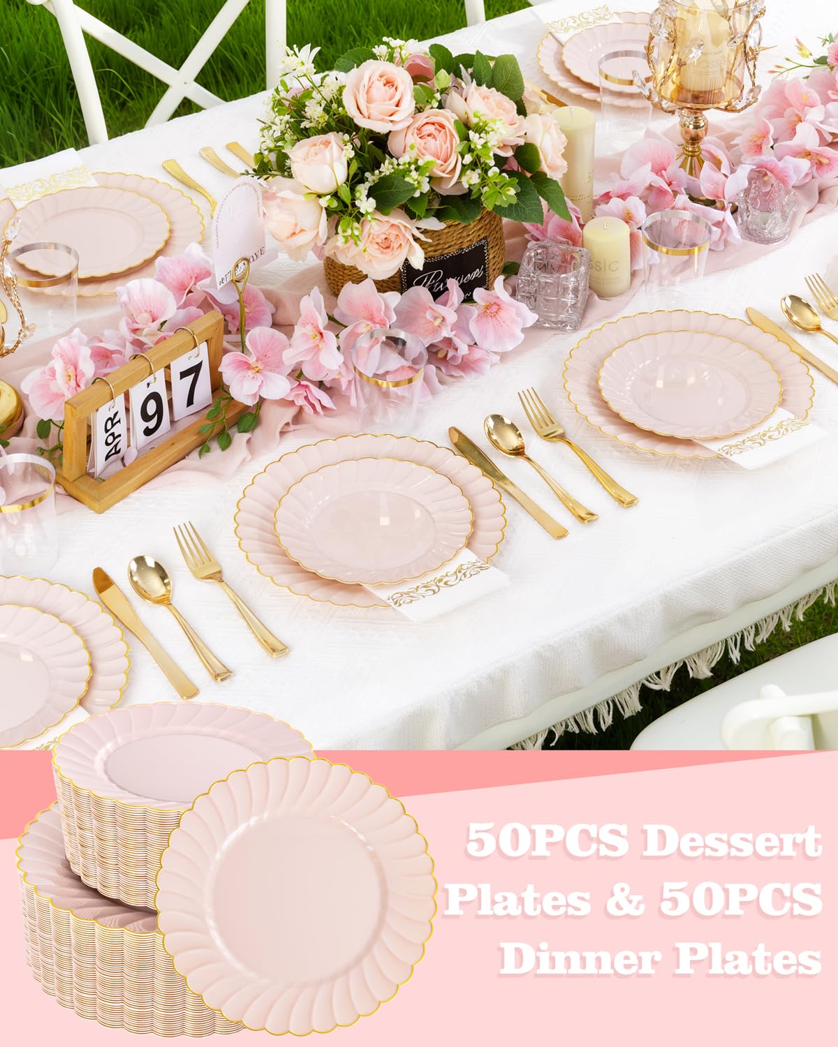 YOUBET 100PCS Pink Scalloped Plastic Plates - Heavy Duty Gold Disposable Fancy Hard Plates Include 50 Dinner Plate, 50 Dessert Plate, for Wedding & Party