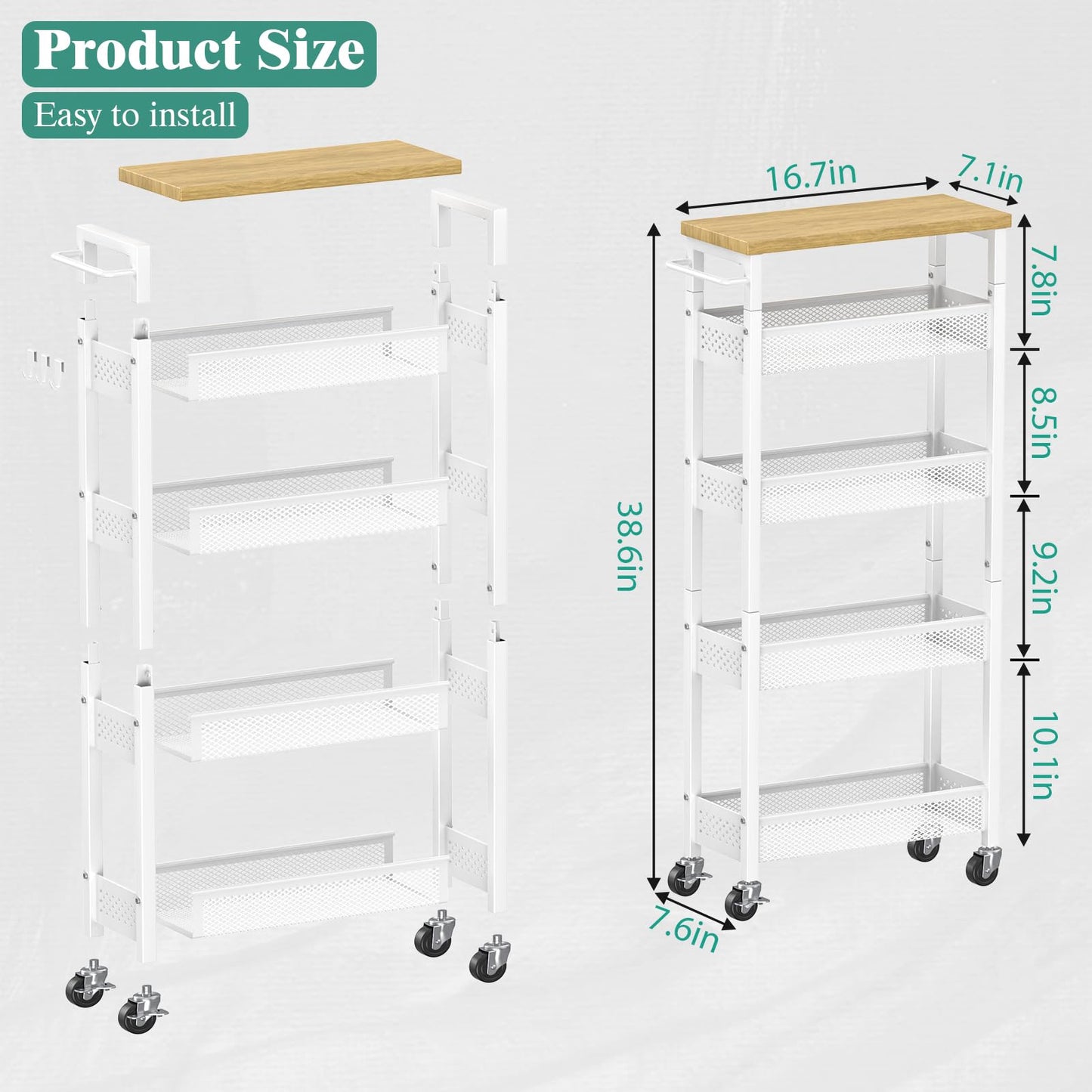 Giwil Slim Storage Cart 5 Tier Narrow Kitchen Rolling Cart on Wheels for Small Space, Metal Utility Cart Narrow Bathroom Storage Cabinet Mobile Shelf Unit Organizer with Wood Top and Handle, White