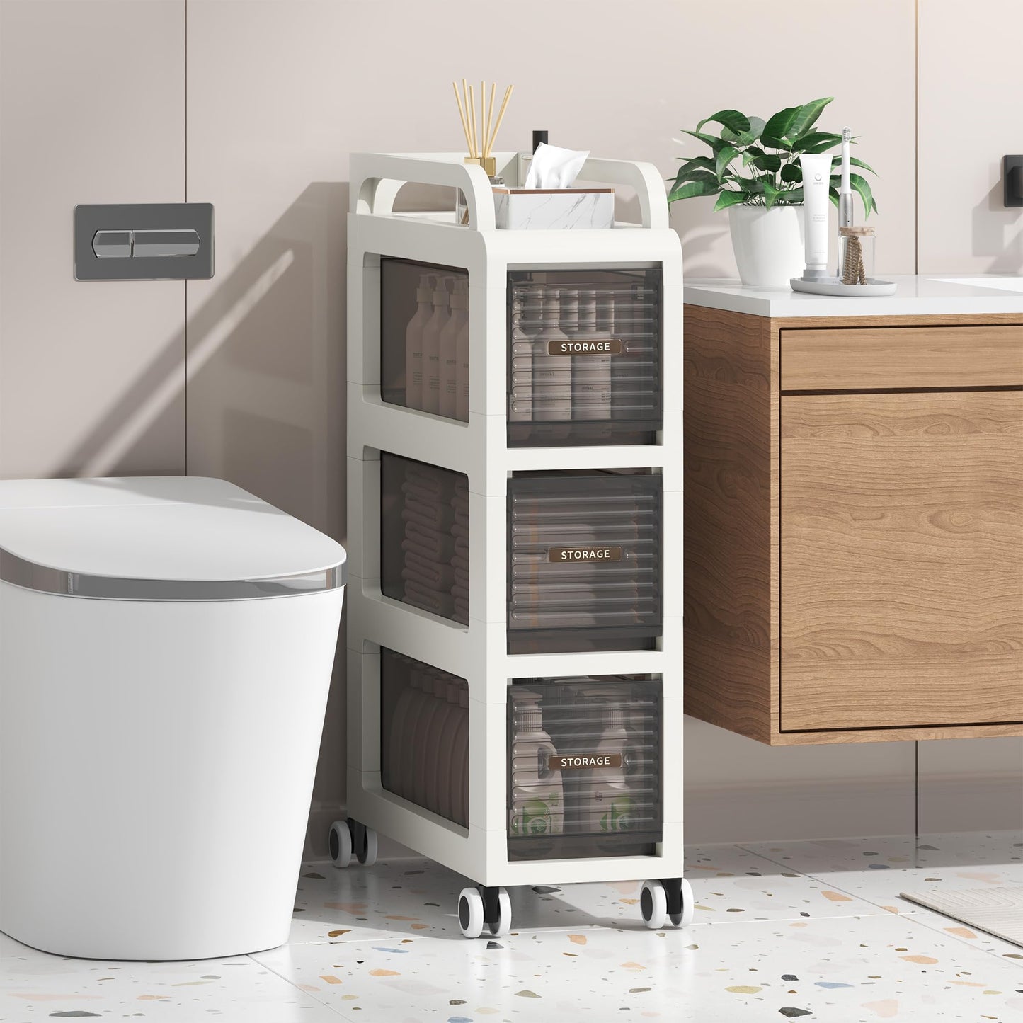 ZHYOCOGY Bathroom Storage with Drawers, 7.87" Wide Slim Storage Cabinet with Wheels for Small Spaces, Narraw Cart for Kitchen Office Bedroom Dinning Room Under Desk, 26" Tall