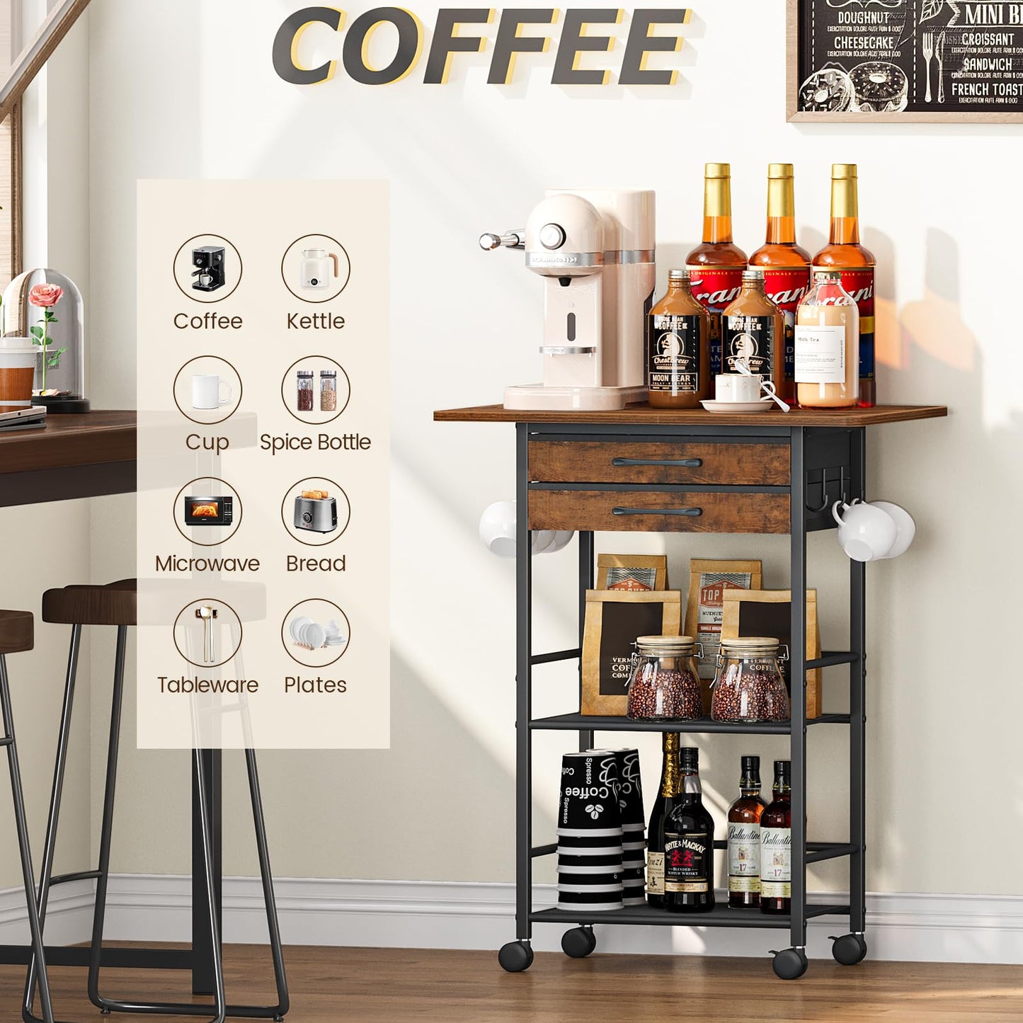Snughome 5 Tier Rolling Coffee Cart with 2 Large Drawers & Removable Dividers, Extra-Wide Coffee Bar Cart with Storage, Farmhouse Coffee Station Cabinet for Living Room, Kitchen, Office