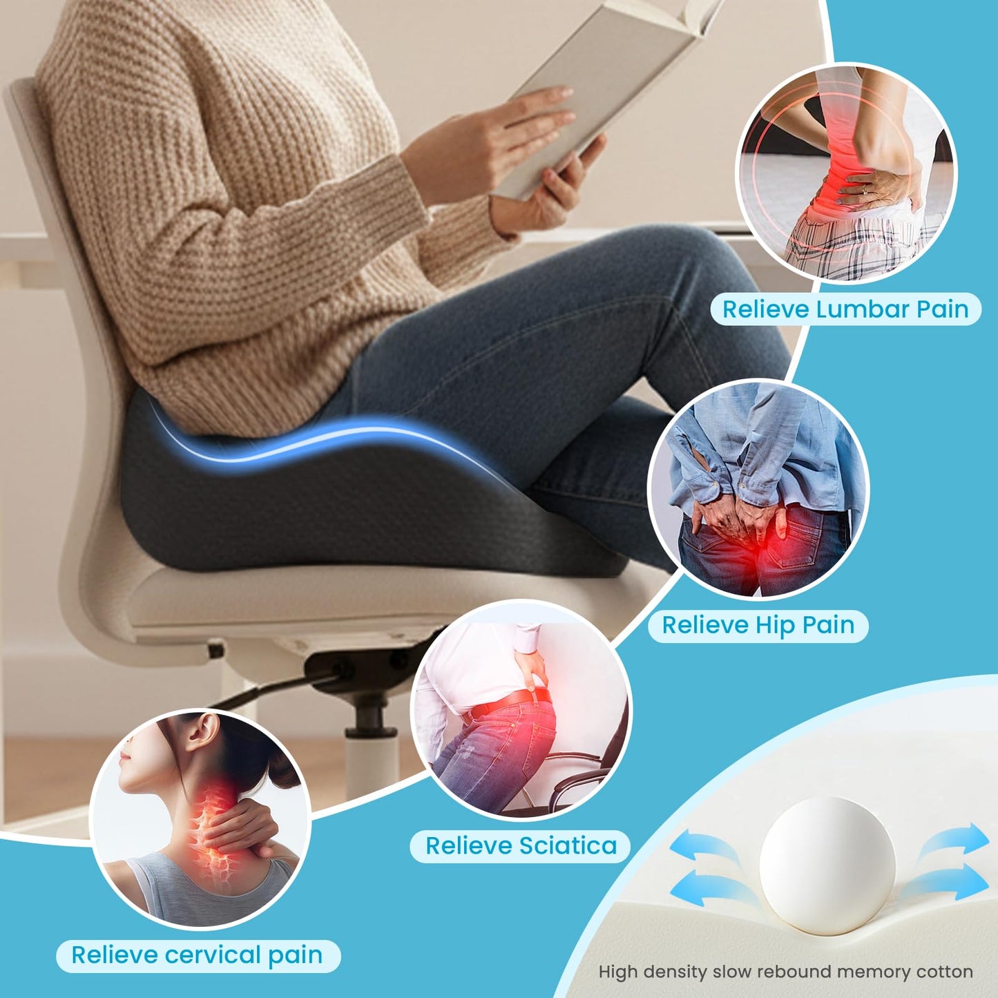 OVRST Seat Cushion,Ergonomic Chair Cushions for Sit Bone Tailbone Pain Relief,Sciatica & Back Support,Memory Foam Butt Pillow for Office,Car,Home,Gaming,Wheelchair