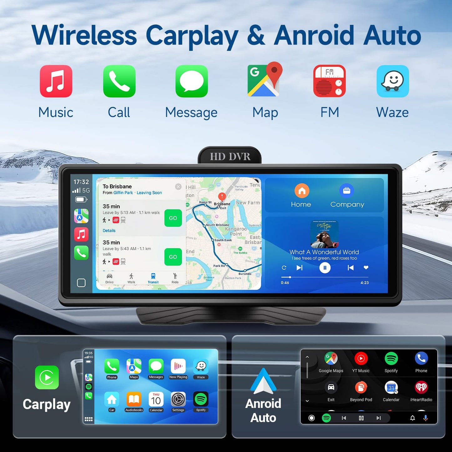 Haudio Portable Wireless Carplay Car Stereo, 10.26" HD Touchscreen for Car with Apple CarPlay & Android Auto with Backup Camera, GPS, Bluetooth, Voice Control, Mirror Link, FM, AUX, Universal Fit