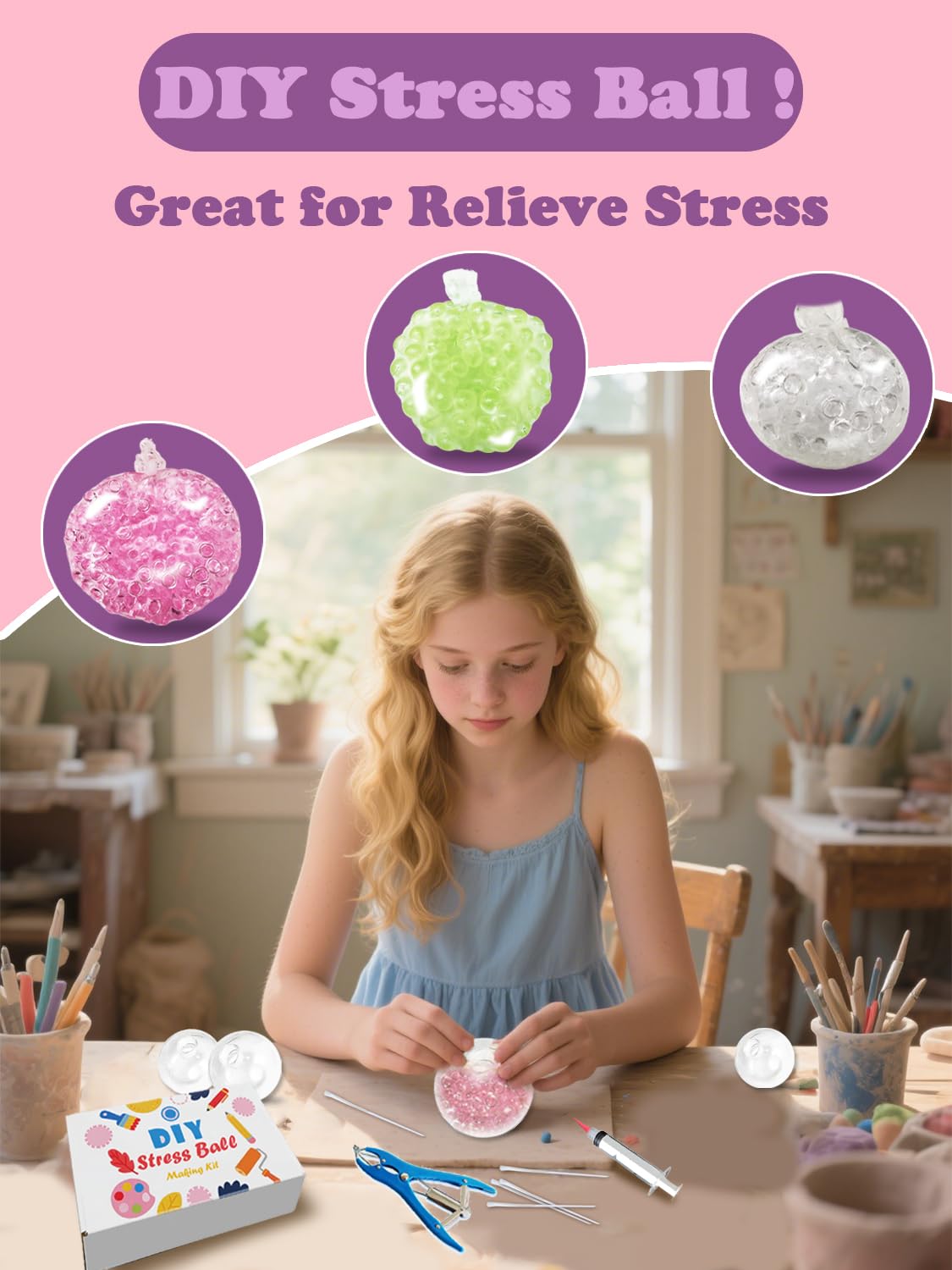 DIY Stress Ball Making Kit, Squishy Maker Kit with 15 TPR Ball Skins, 14.2 oz Fillers, Air Pump, Vacuum Tool & 20 Cable Ties, Make Your Own Squishies, DIY Squishy Kit for ASMR Anxiety Relief Toys