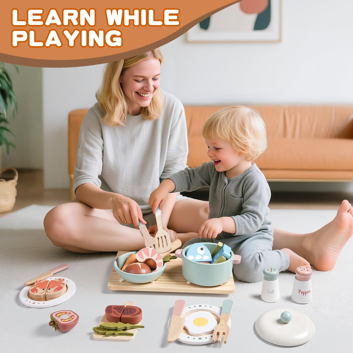Wooden Play Kitchen Accessories Pretend Toy Pots and Pans Sets for Kids Kitchen Playset with Toy Stove Toddler Cooking Sets Food Toys for Toddlers 3-5 Gifts for Girls Boys (Wooden Cooking Set)