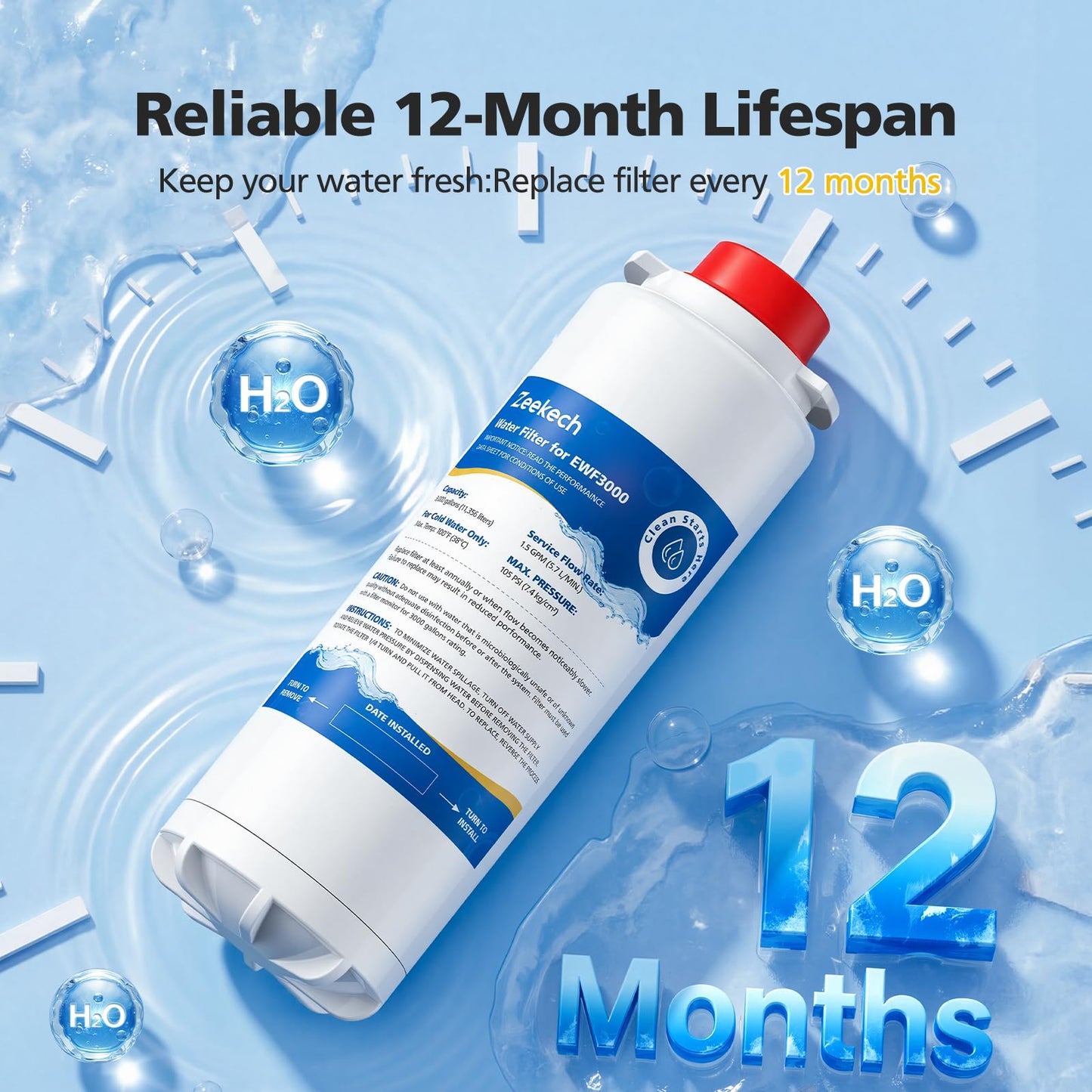 Water Replacement Filter Compatible with Elkay 51300C EWF3000, and EZH2O Bottle Filling Stations, Pre-Installed Smart Chip for EWF3000, ERF750, 51299C, 55898C, 3000 Gallon Capacity, 1 Pack