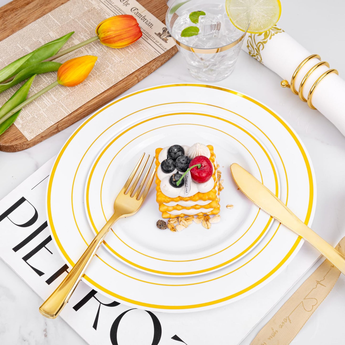 I00000 350Pcs Gold Dinnerware Set for 50 Guests, Gold Plastic Plates for Party, Include: 100 Disposable Plastic Plates, 50 Paper Napkins, 50 Cups, 50 Silverware Set Perfect for Party & Wedding