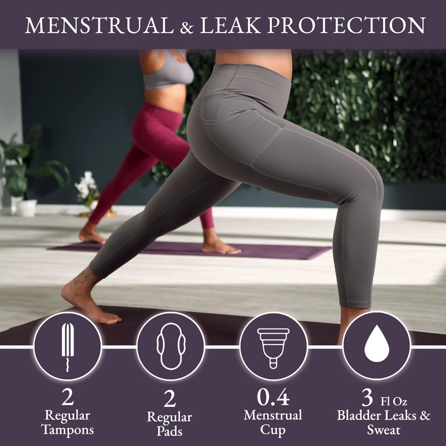 LUMANA Leakproof Womens Leggings: Bladder Control Athletic Bottoms - Leggings with Pockets Designed with Built-in Bladder Leakage Pads for Women, 22" Inseam (Plum, 3X)