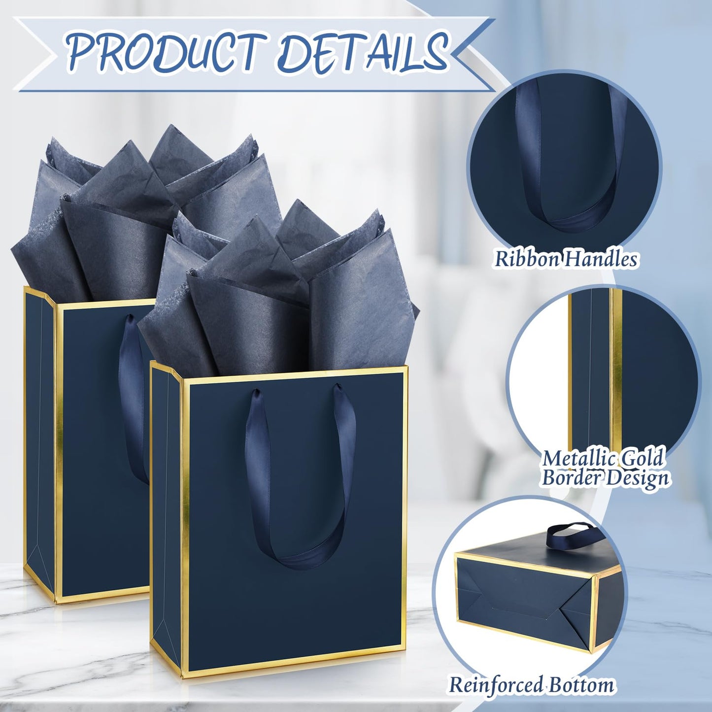 Yeaqee 50 Pack Metallic Gift Bags with Handle and Tissue Paper for Wedding Bridesmaid Groomsmen Baby Shower Holiday Thank You 5 Senses Gift Bag for Her Him Birthday 9 x 7 x 3. 15''(Navy Blue and Gold)