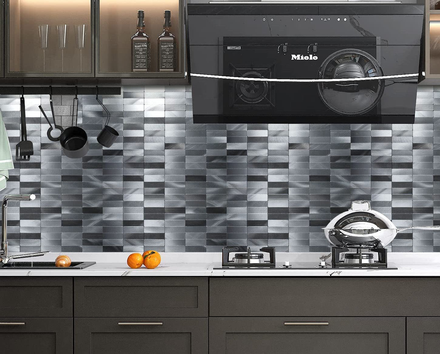 XUANINY Peel and Stick Tile Backsplash Self- Adhesive Wall Tiles Aluminum Mosaic Sticker for Kitchen (11.33"x11.92" Per Sheet, Pack of 10 pcs) (Long Silver Grey)