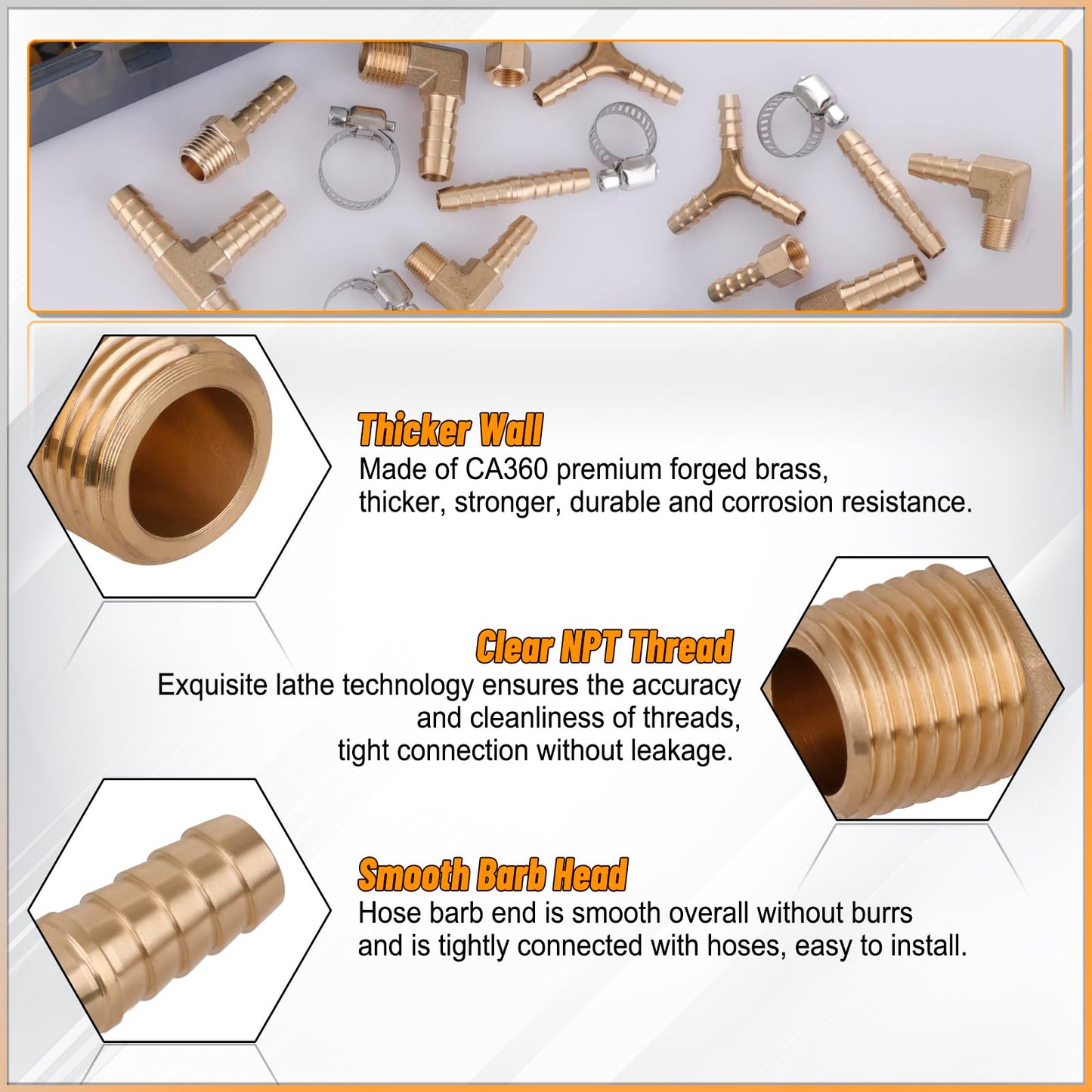 KOOTANS 132pcs Brass Hose Barb Fittings Assortment Kit Barb Splicer, Male Coupler, Female Adapter, 90° Male Elbow, Tee, Y Shaped Union Air Hose Fittings with Clamps for Water Fuel Air Line Connector
