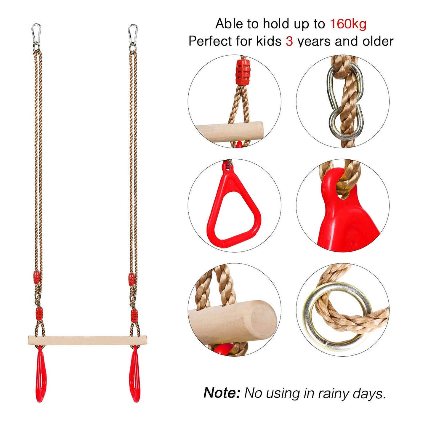 PELLOR Playground Children's Wooden Trapeze Swing Bar with Plastic Gym Rings Swing Set for Indoor & Outdoor Fun