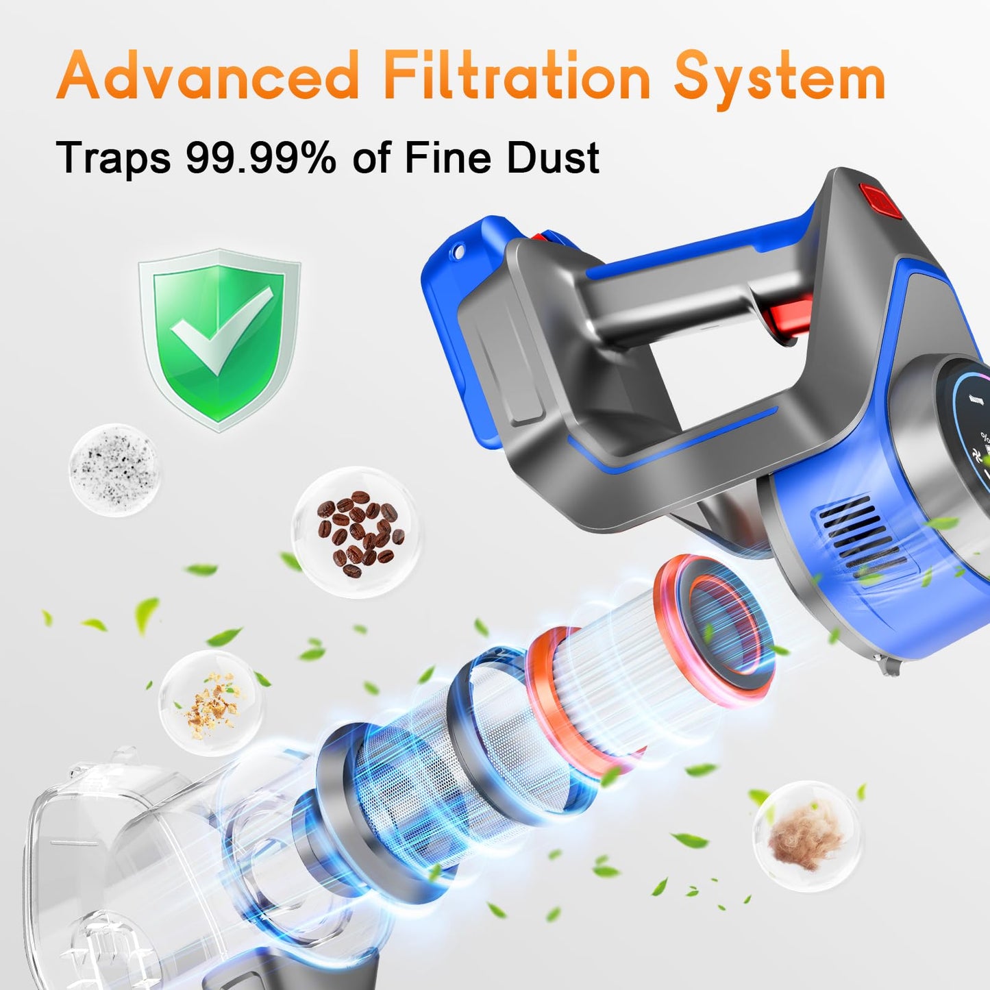 BSNAW Cordless Stick Vacuum Cleaner - Rechargeable, 35Kpa Powerful Vacuums with Detachable Battery, LED Display, 45Mins Runtime, 8 in 1 Handheld Vacuum for Hardfloor & Carpets Pet Hair, Blue