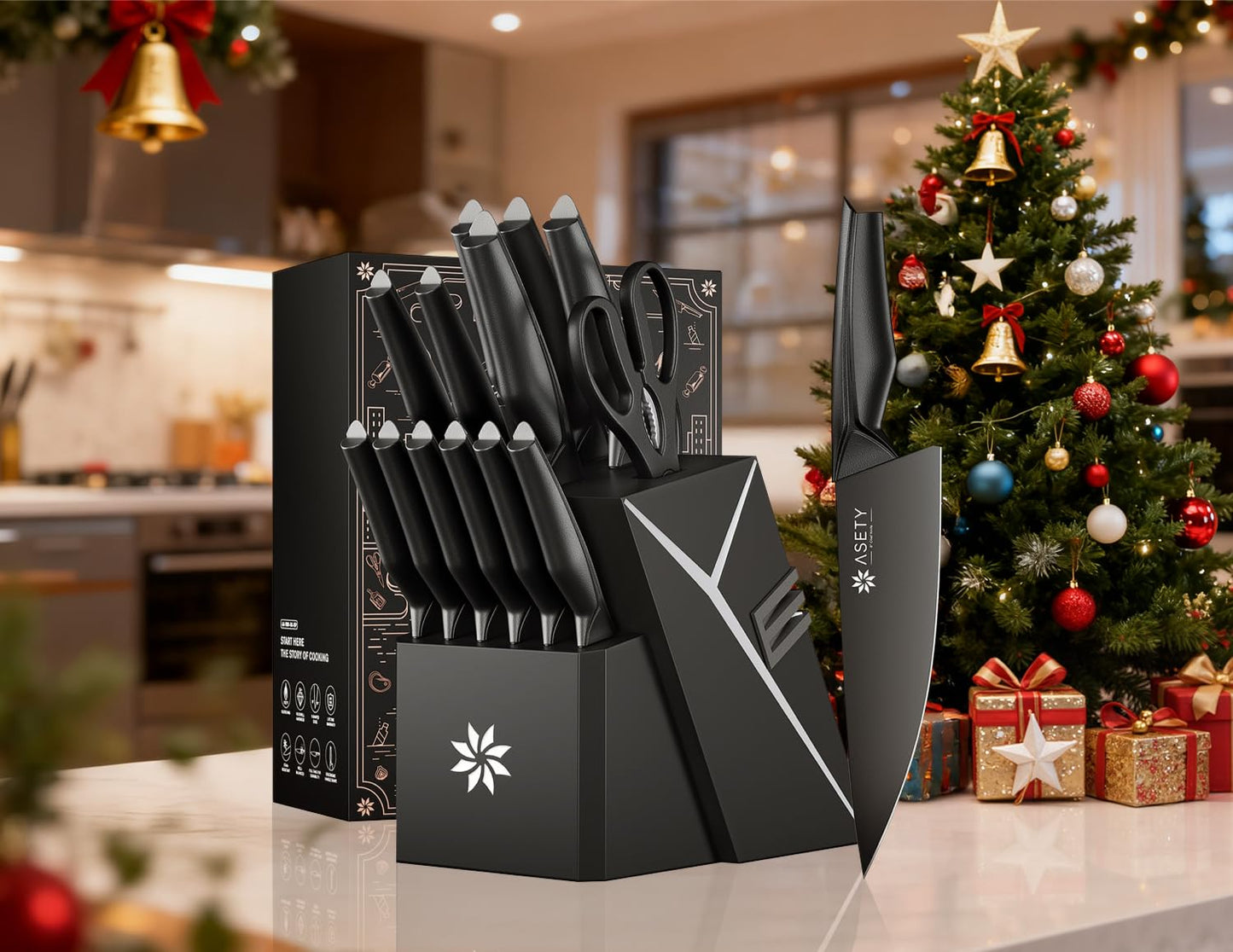 Kitchen Knife Sets with Block -15 PCS Knife Set with Bulti-in Sharpener, Dishwasher Safe, Stainless Steel Kitchen Knife with Ergonomic Handles, Sharp knives for Men and Women,Fathers day, Black