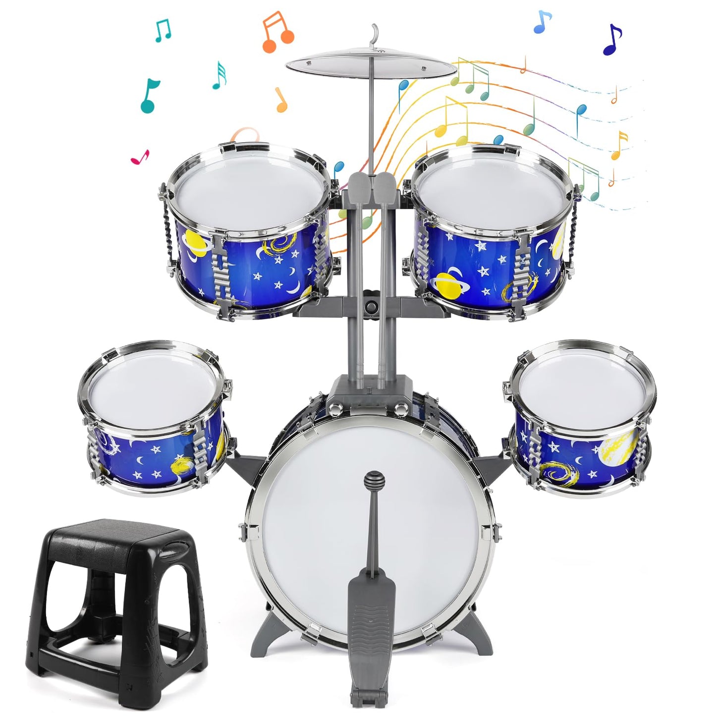 M SANMERSEN Upgraded Kids Jazz Drum Set Toddler Toy Drum Set with Stool, Plastic Rock Jazz Drum Kit Musical Toys Gift for Boys Girls 1-3 3-5