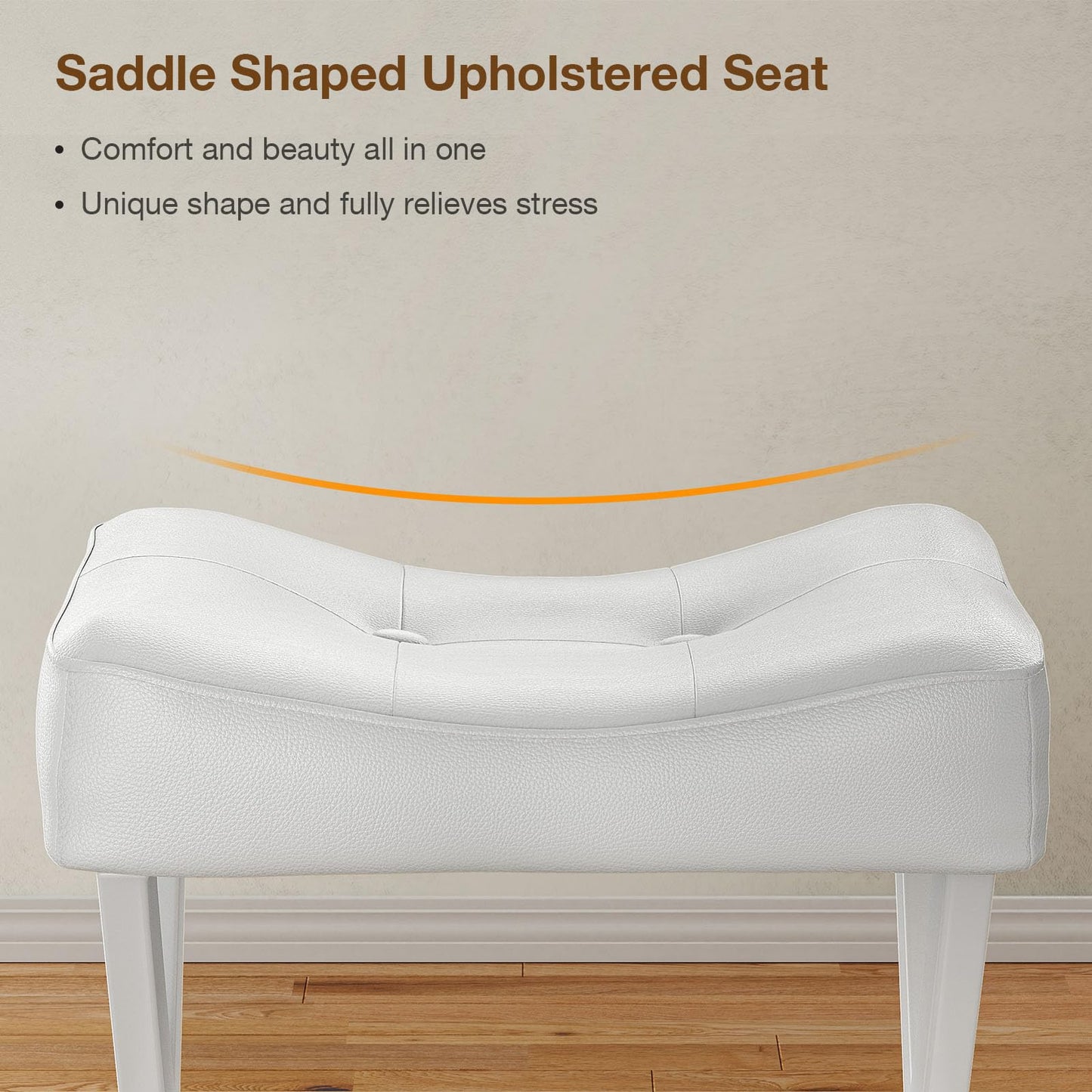 Memobarco 18-Inch Leather Vanity Stool Chair, Vanity Bench with Metal X-Leg, Ottoman Accent Stool with Thick Padded Saddle Seat, White