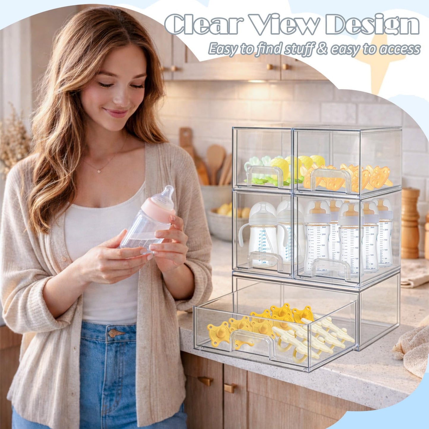 zebrater Baby Bottle Organizer-5 Pack Stackable Storage Drawers, Baby Organizers and Storage with Hooks, Clear Acrylic Multipurpose Bottle Storage for Countertop,Kitchen,Cabinet,Vanity,Bathroom