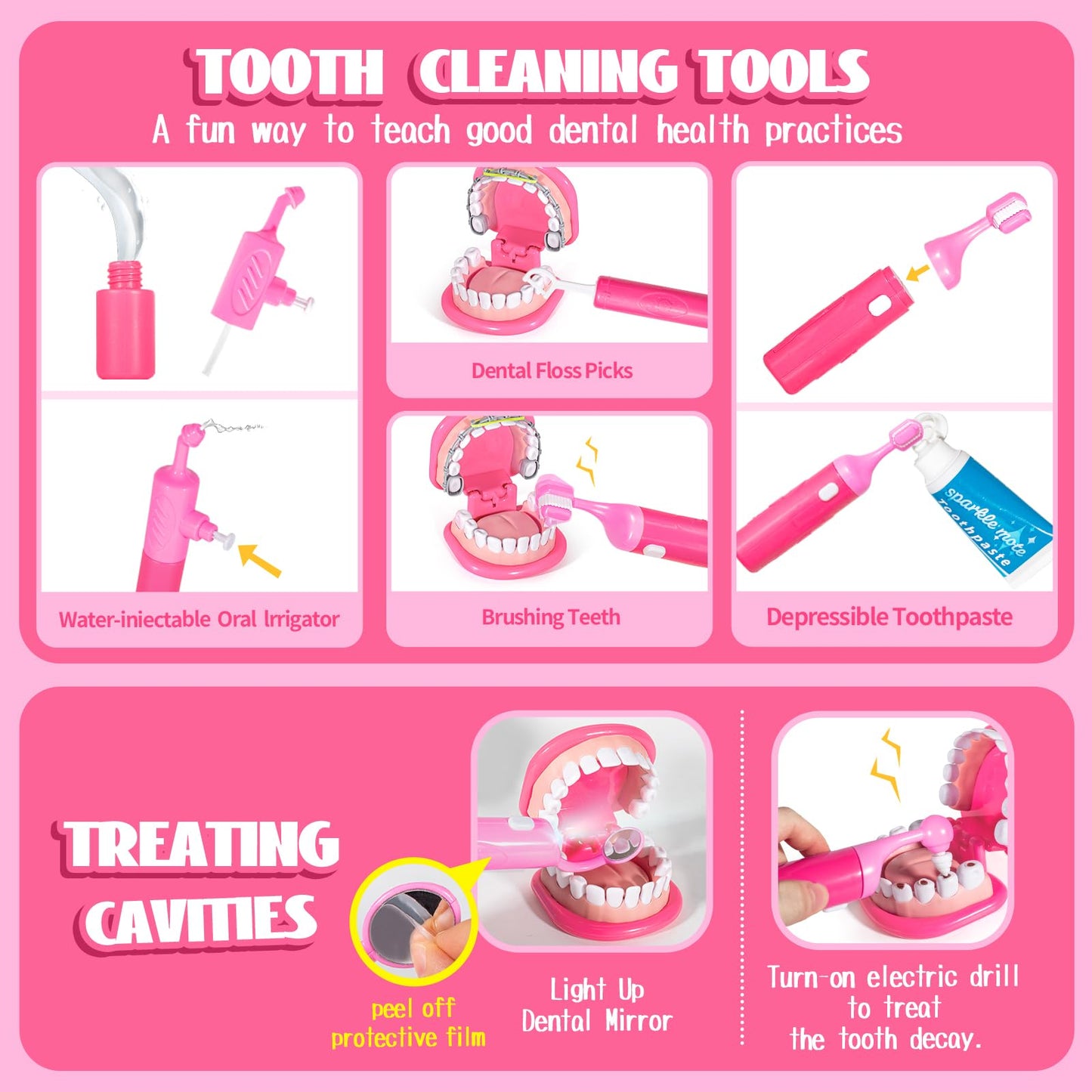 ULOVEME Kids Dentist Play Set Pink with Braces /Removable Teeth /Retainer - Doctor Kit for Toddlers 3-5 - Educational Toys for 4+ Year Old Girls - Pretend Play Toy for Ages 5-7 (Pink)