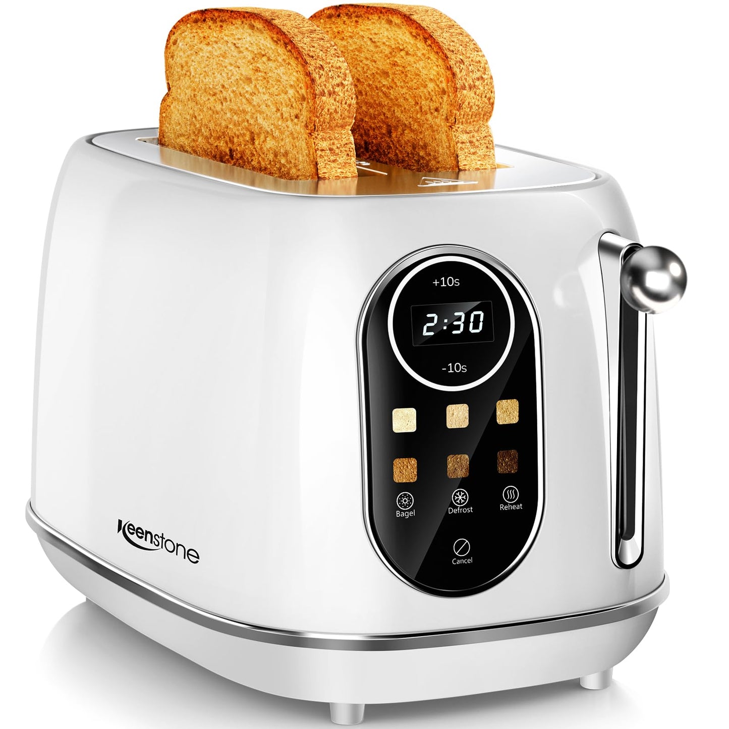 Keenstone Smart Touch Screen Toaster 2 Slice, Retro Wide Slot Stainless Steel Toaster with 6 Browning Levels, Reheat & Defrost, for Bagel, Toast, Bread, Removable Crumb Tray, White