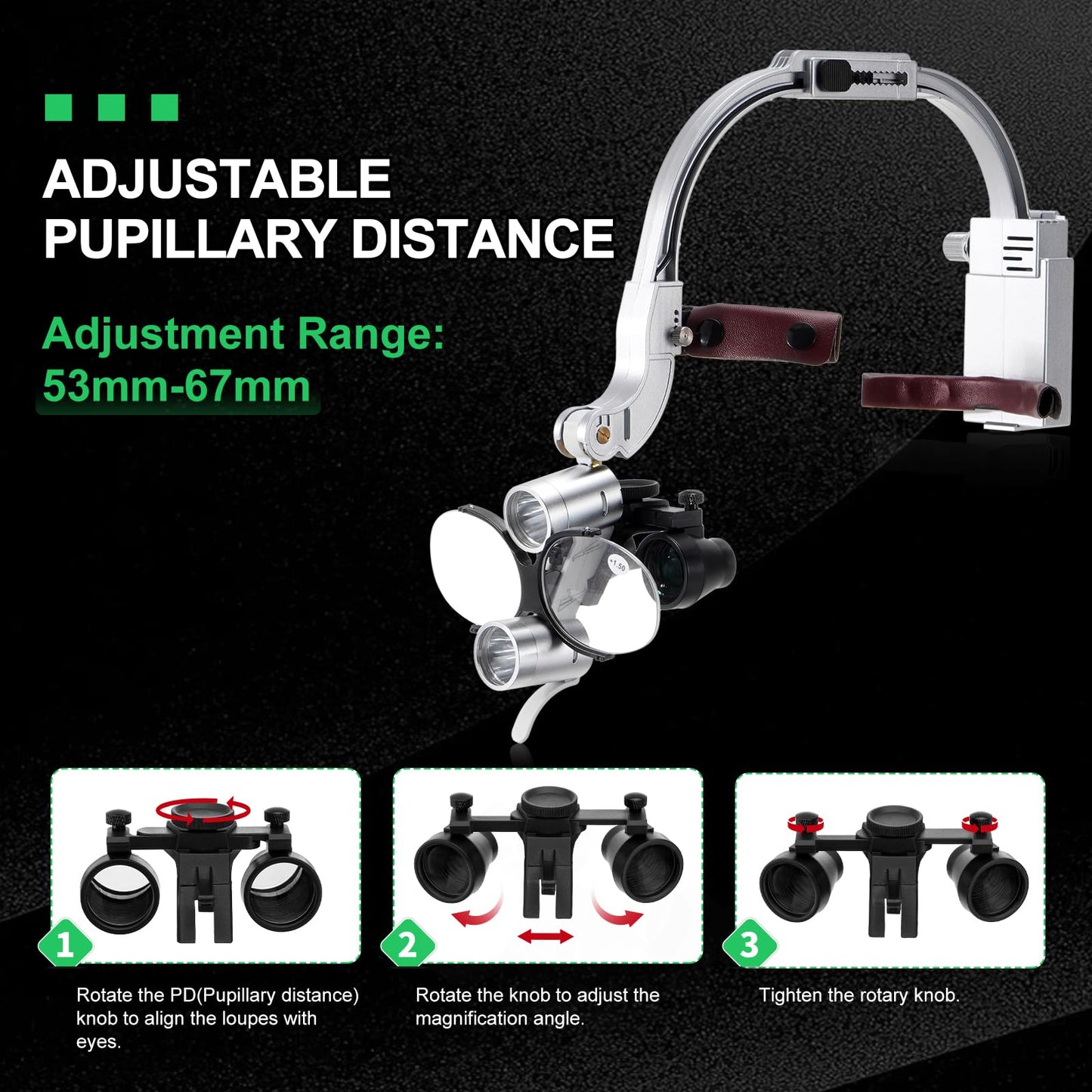 4E 4E'S USA Head-Mounted Dental Loupes with Light 3.5X 420mm, Dual Rechargeable Batteries, Ergonomic Design, Clear Vision & Comfort - Silver